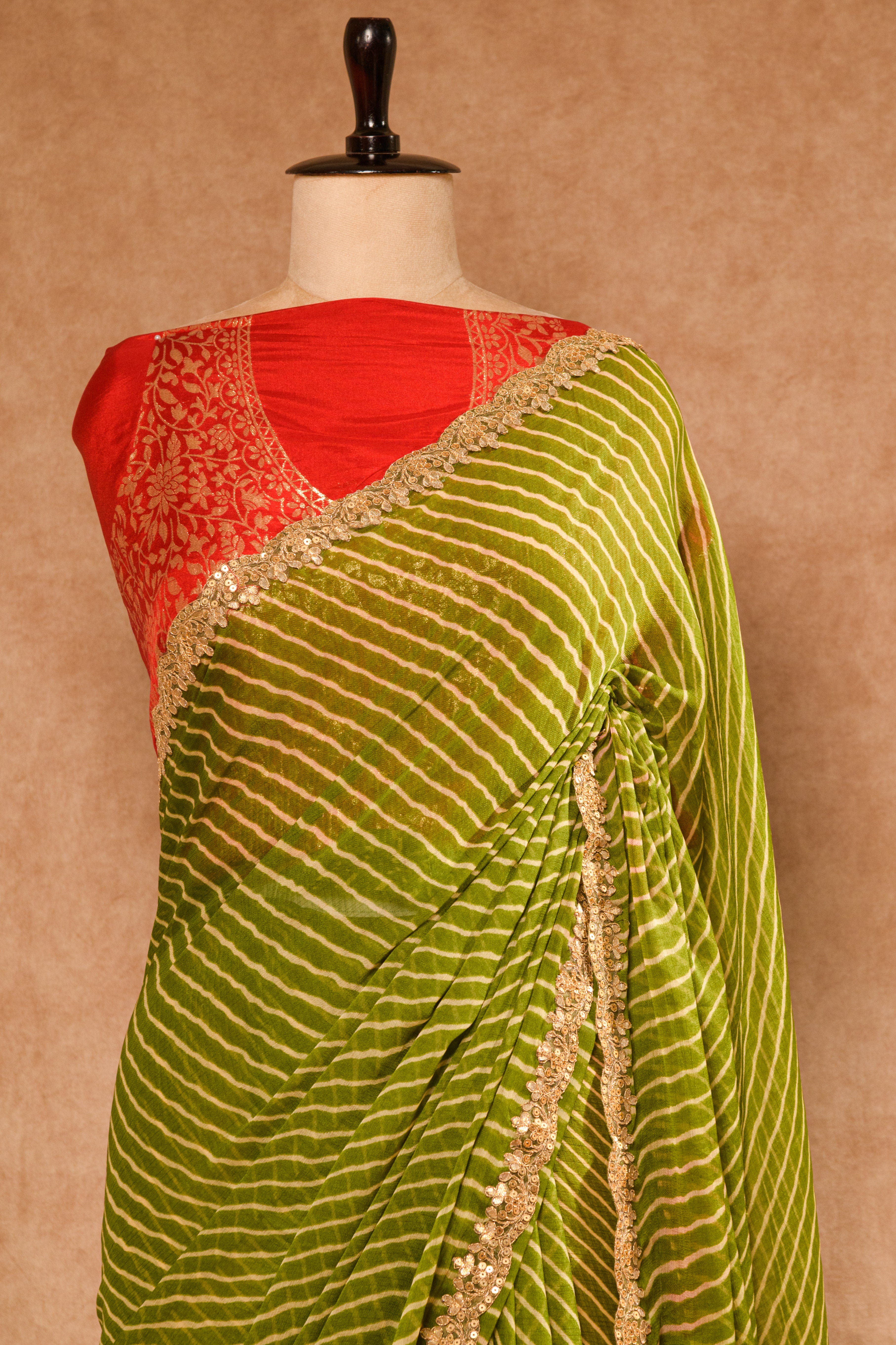 Mehandi Green Chiffon Leheriya Saree with Golden Sequin Lace & Maroon Silk Blouse