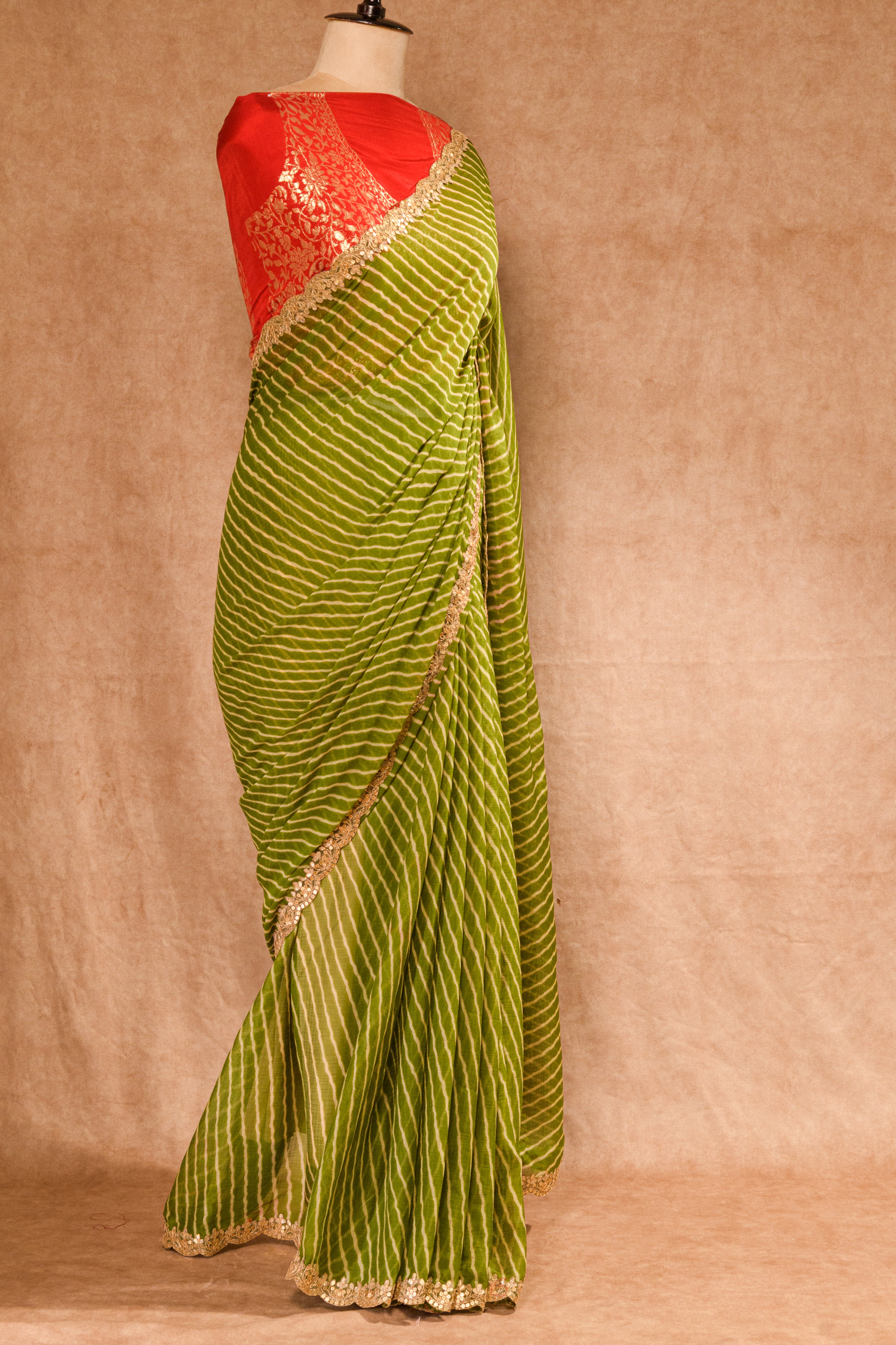 Mehandi Green Chiffon Leheriya Saree with Golden Sequin Lace & Maroon Silk Blouse