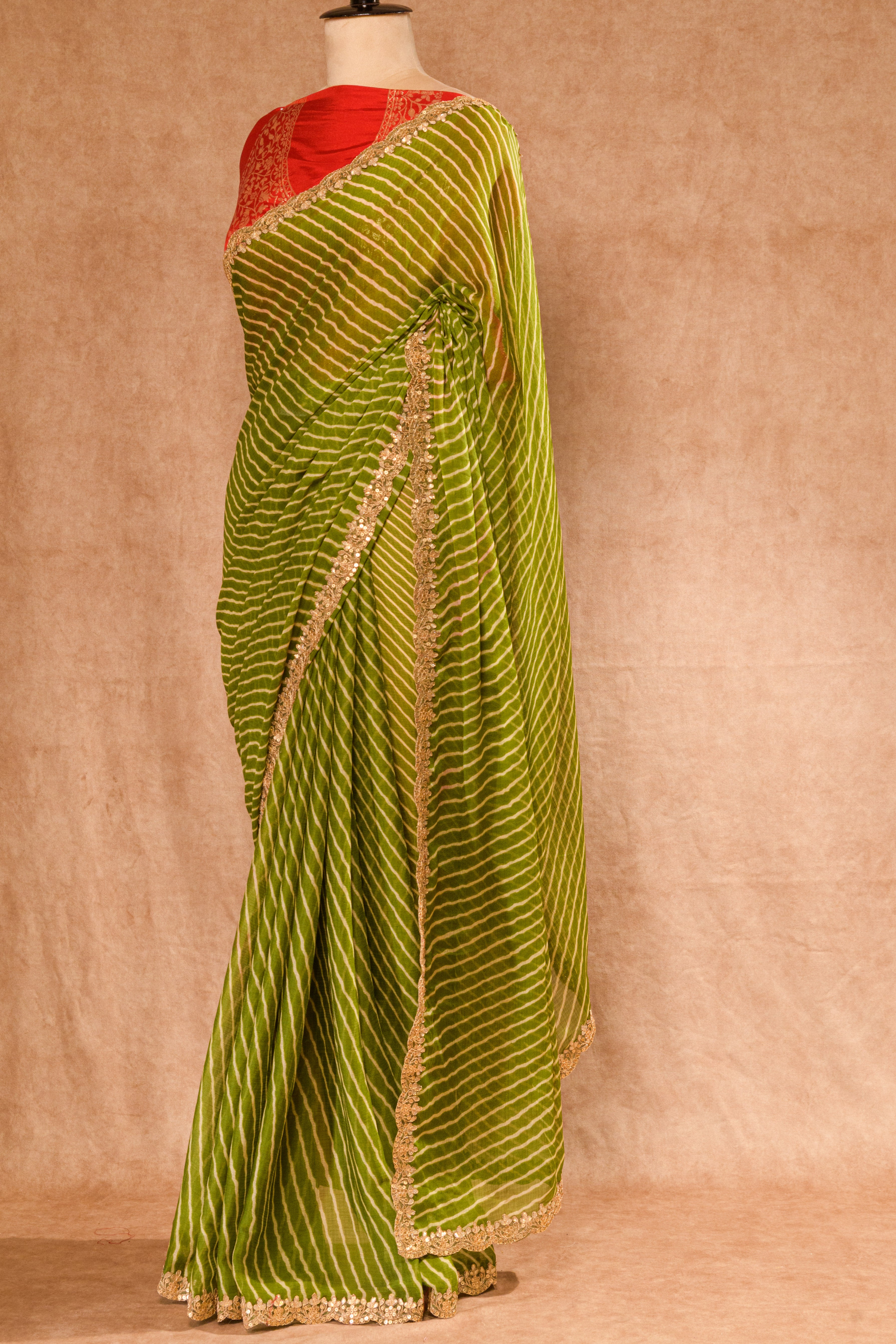 Mehandi Green Chiffon Leheriya Saree with Golden Sequin Lace & Maroon Silk Blouse