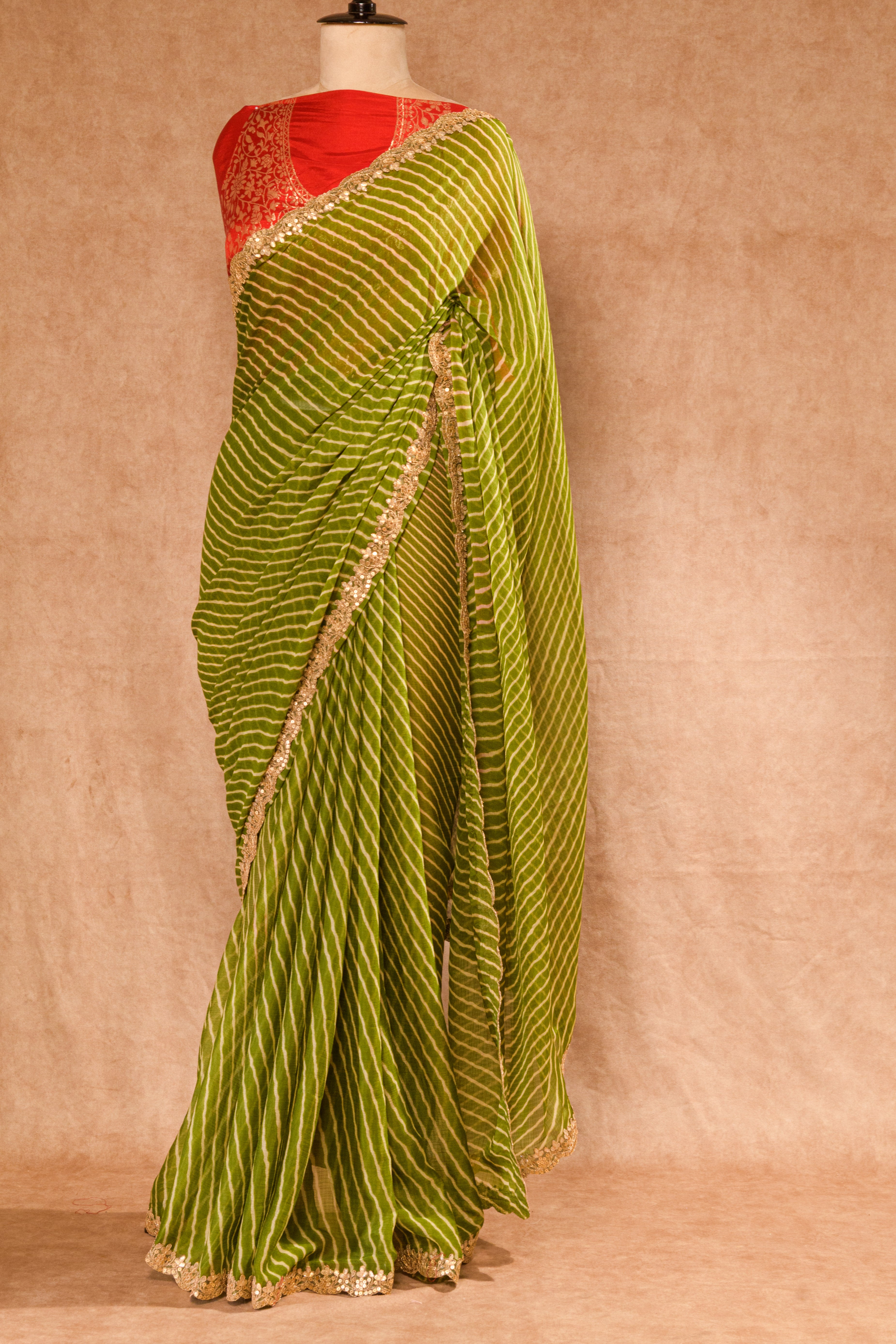 Mehandi Green Chiffon Leheriya Saree with Golden Sequin Lace & Maroon Silk Blouse
