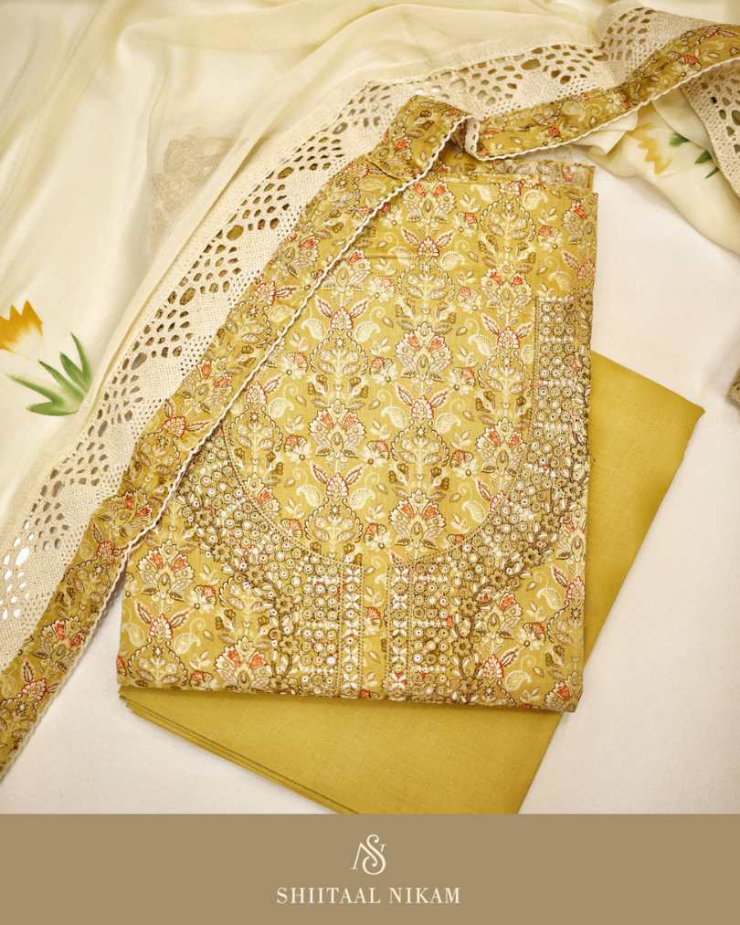 Yellow Cotton Printed Suit Set with Chiffon Dupatta & Crochet Lace
