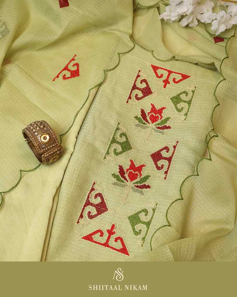 Lime Green Kota Doria Kurta Suit Set with Embroidery & Cutwork Dupatta