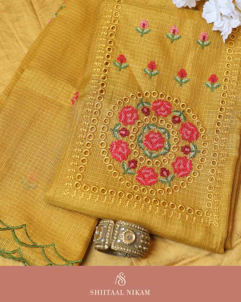 Mustard Kota Doria Embroidered Kurta Dress Material with Cutwork Detailing