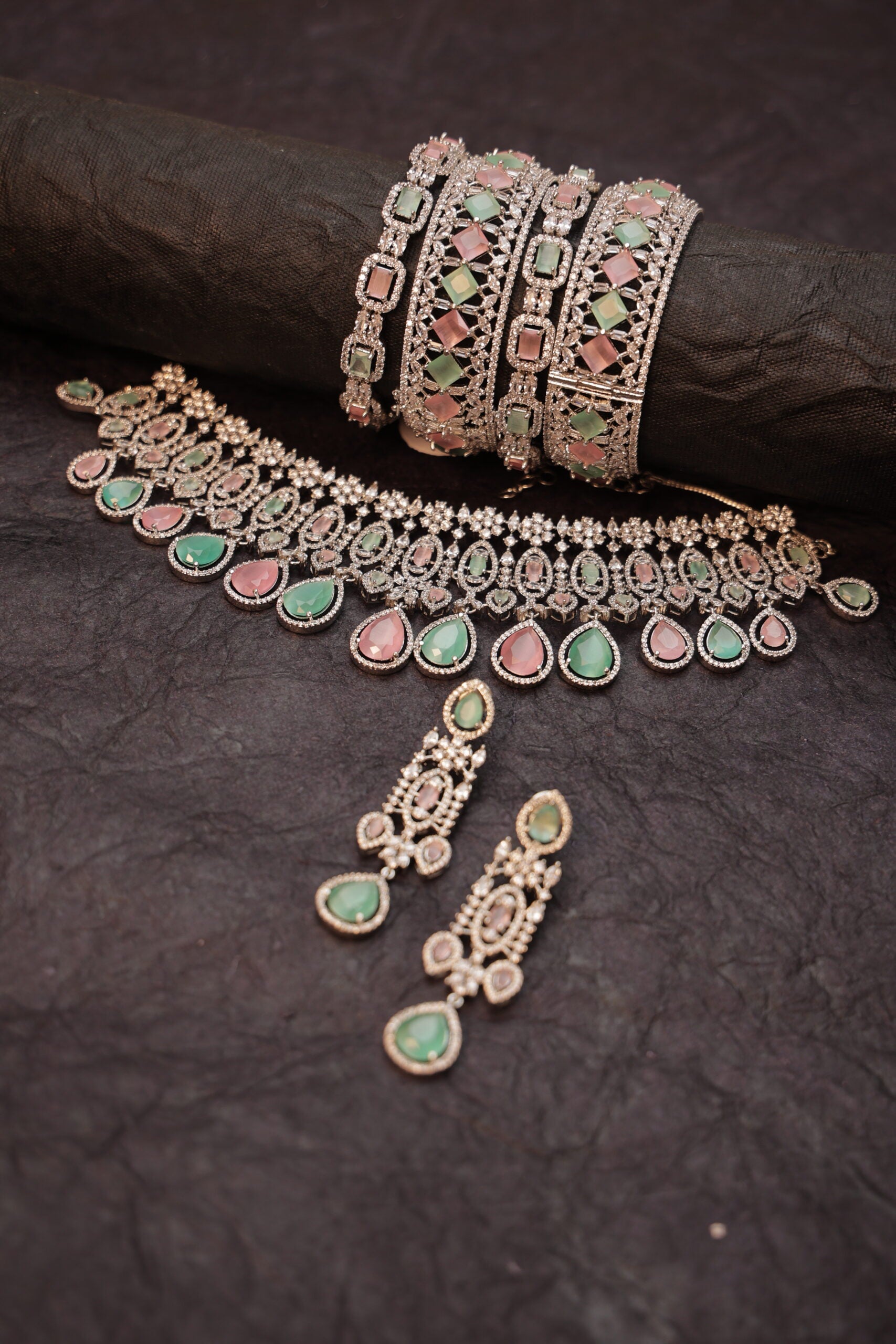 Diamond  Set with Green & Pink Stones