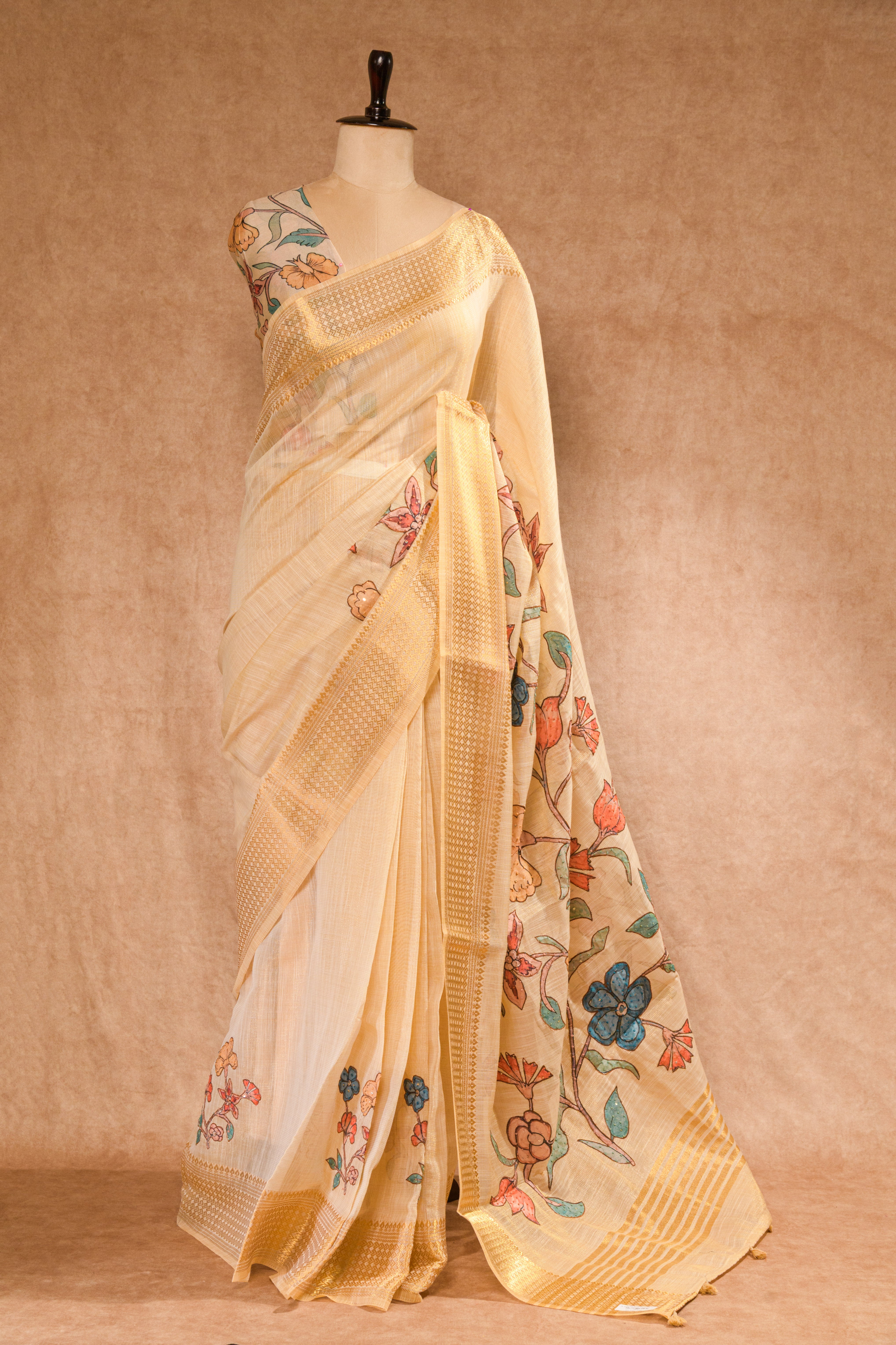 Cream Super Net Saree with Golden Zari Border & Moti-Sequence Work