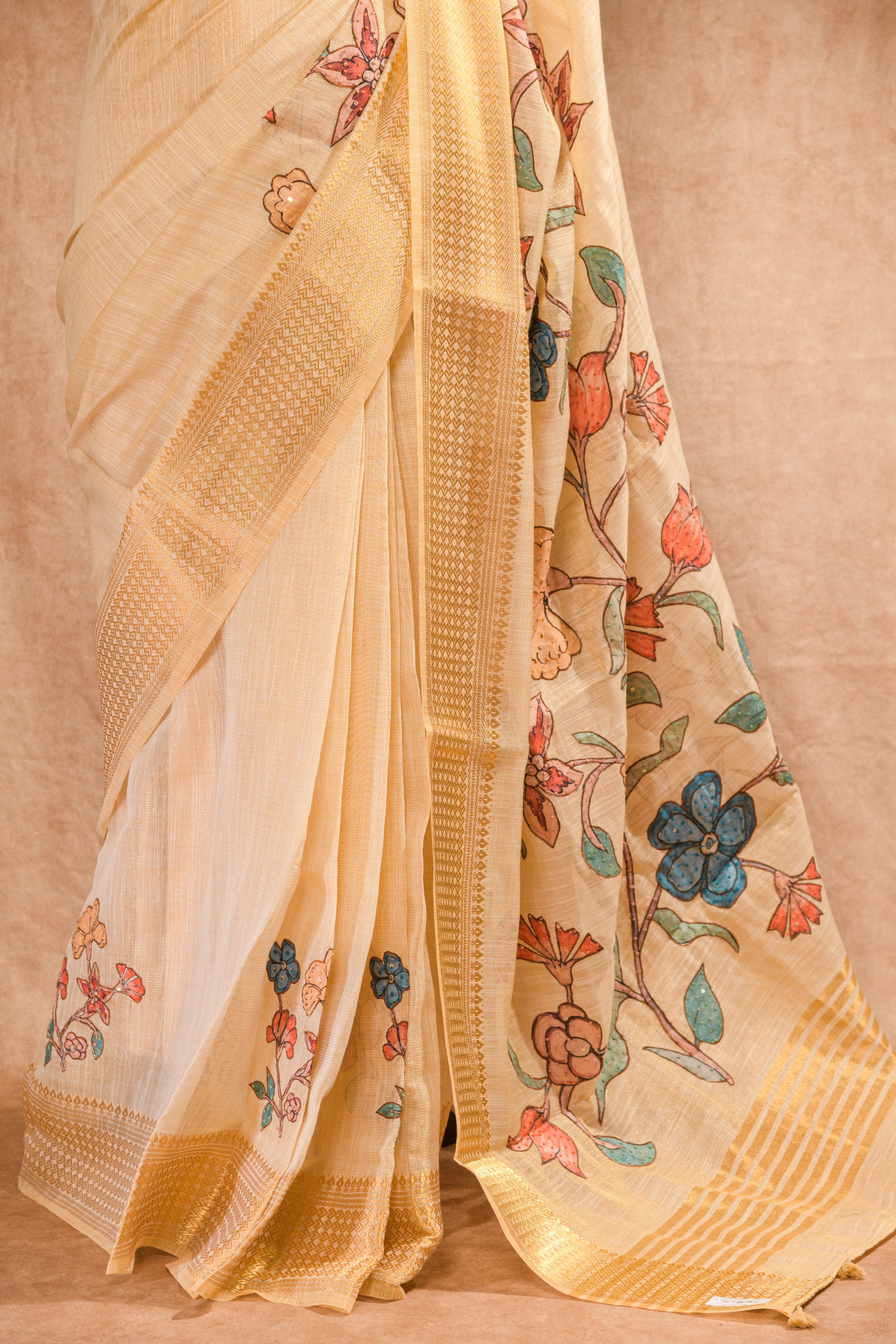 Cream Super Net Saree with Golden Zari Border & Moti-Sequence Work