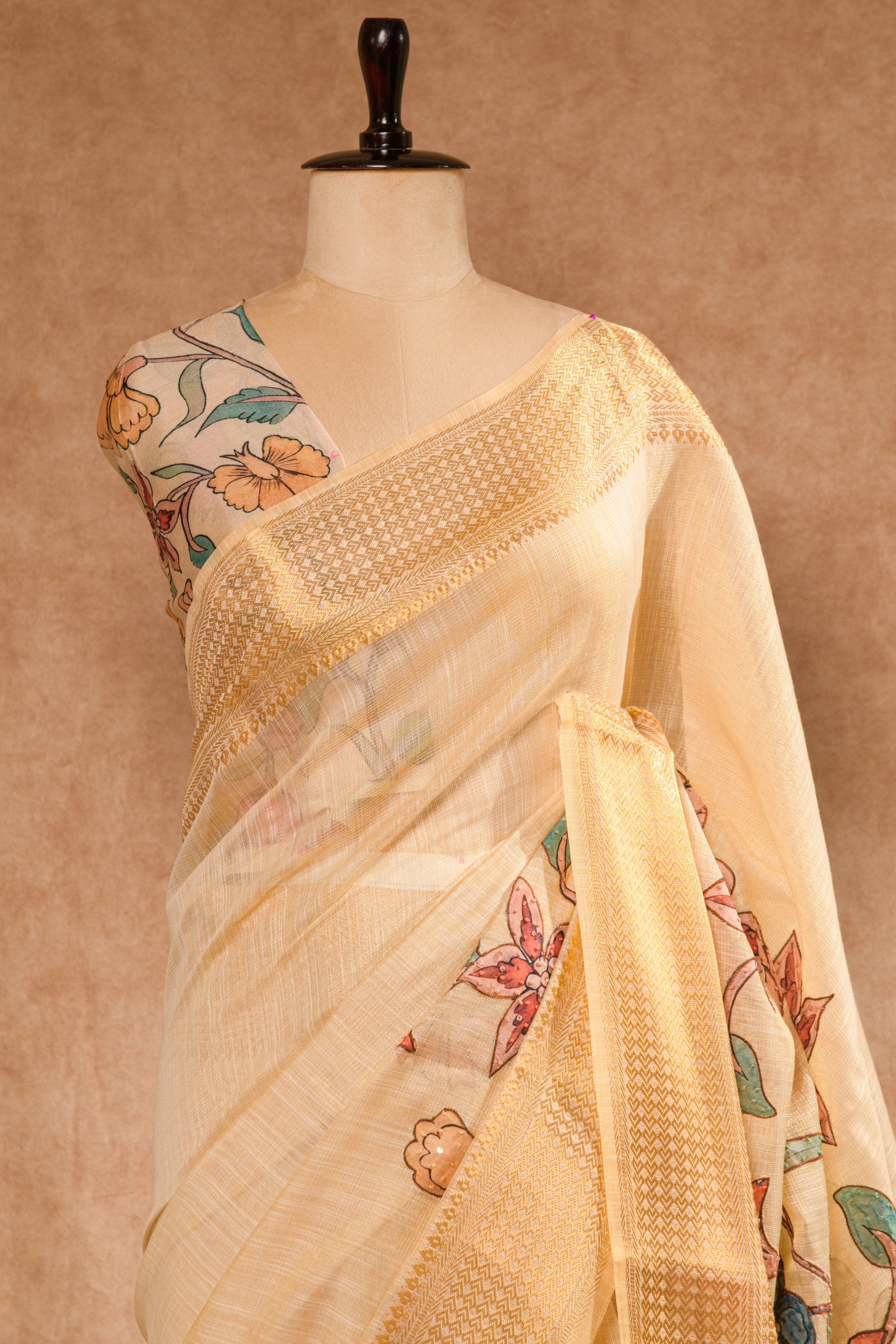 Cream Super Net Saree with Golden Zari Border & Moti-Sequence Work