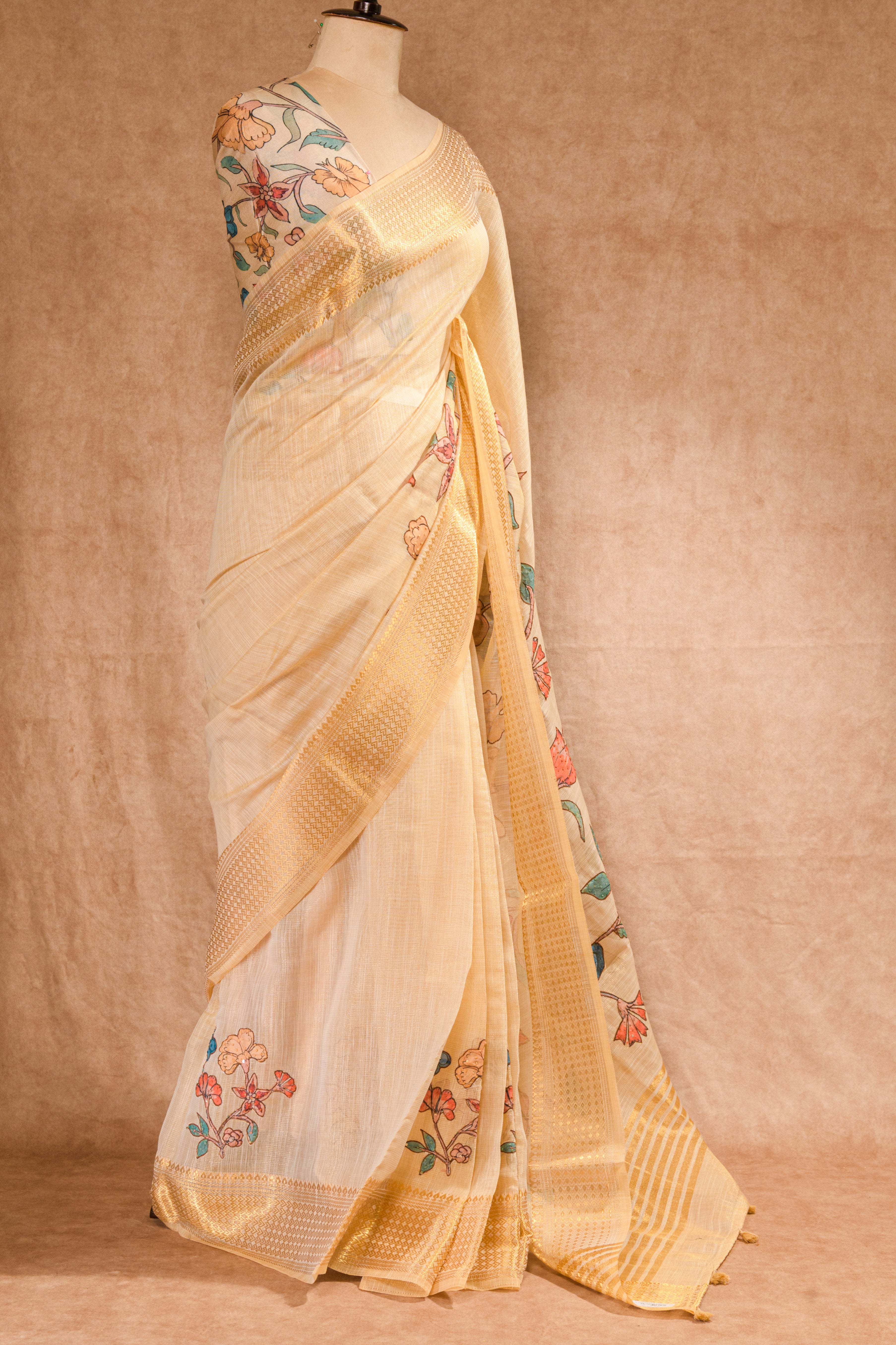Cream Super Net Saree with Golden Zari Border & Moti-Sequence Work