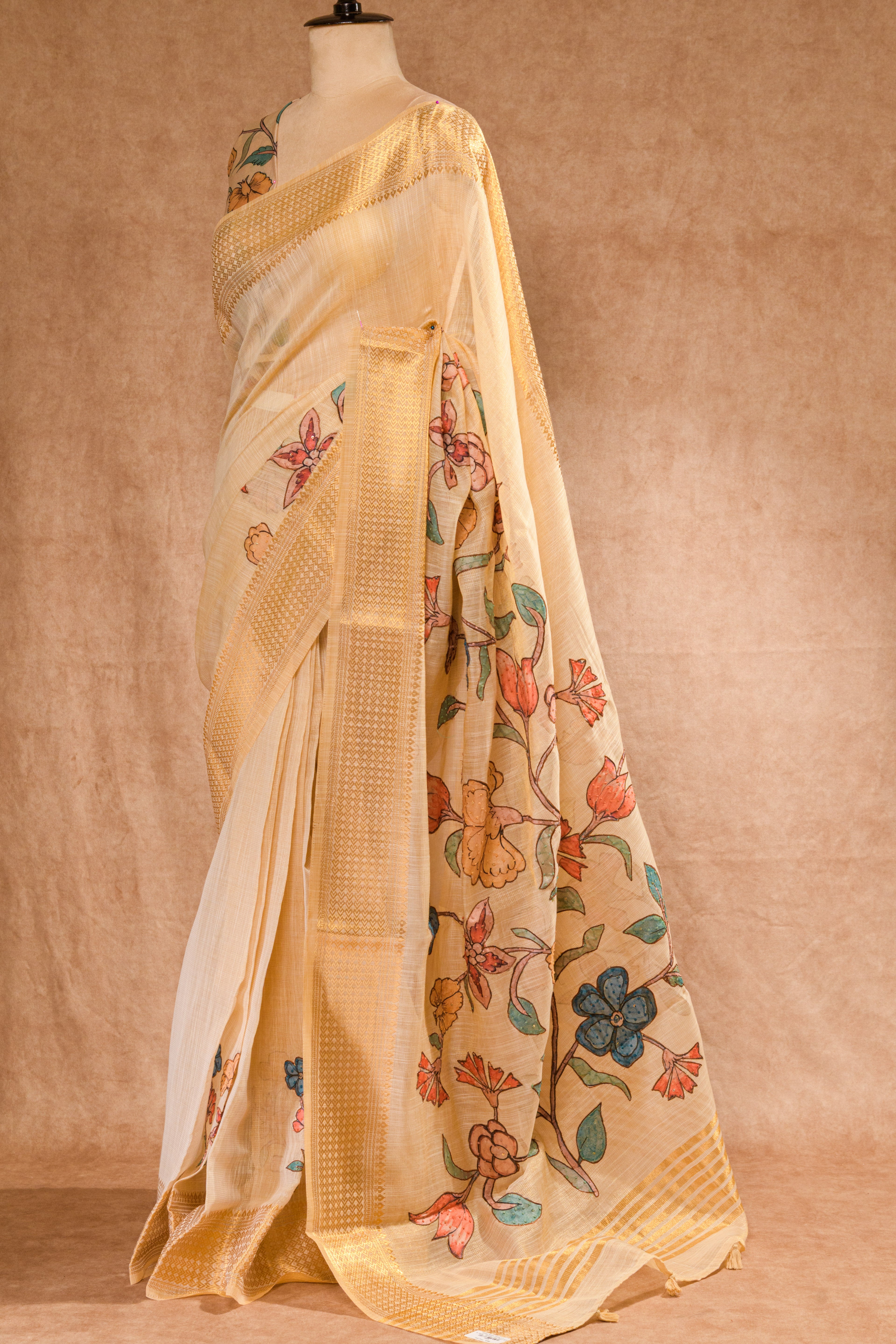 Cream Super Net Saree with Golden Zari Border & Moti-Sequence Work