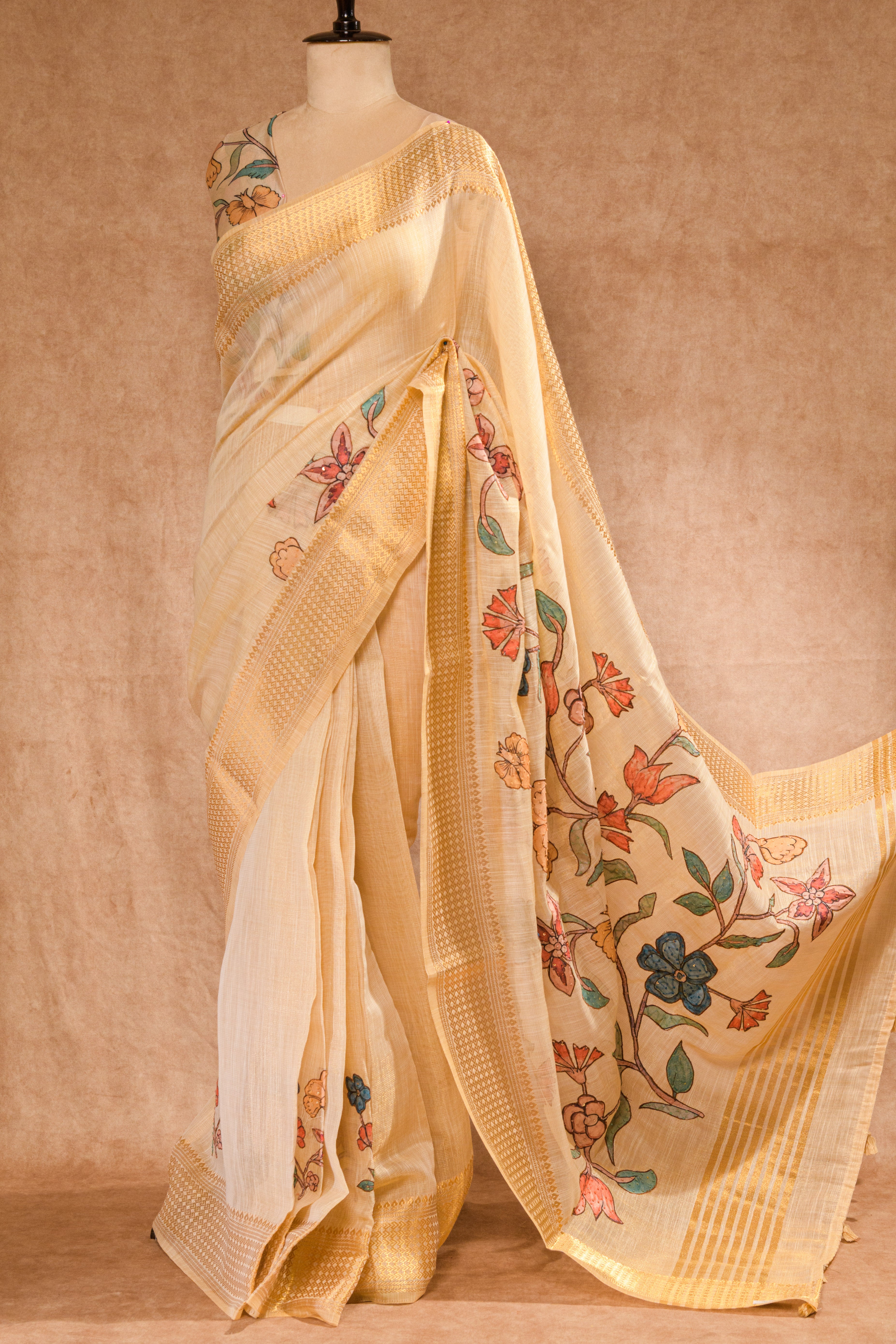 Cream Super Net Saree with Golden Zari Border & Moti-Sequence Work