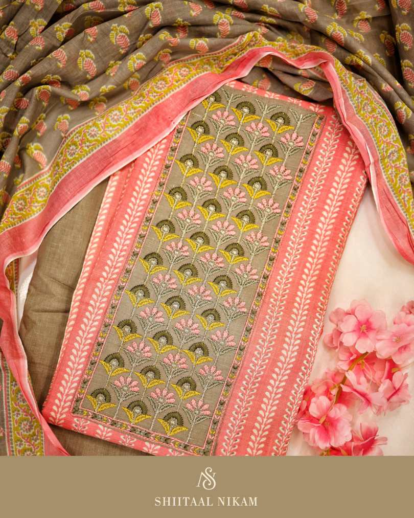 Linen Embroidered Suit Set with Printed Cotton Dupatta &amp; Pant
