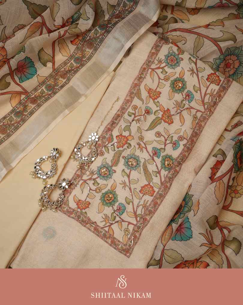 Beige Muslin Cotton Linen Kurta Suit Set with Floral Digital Print & Subtle Handwork