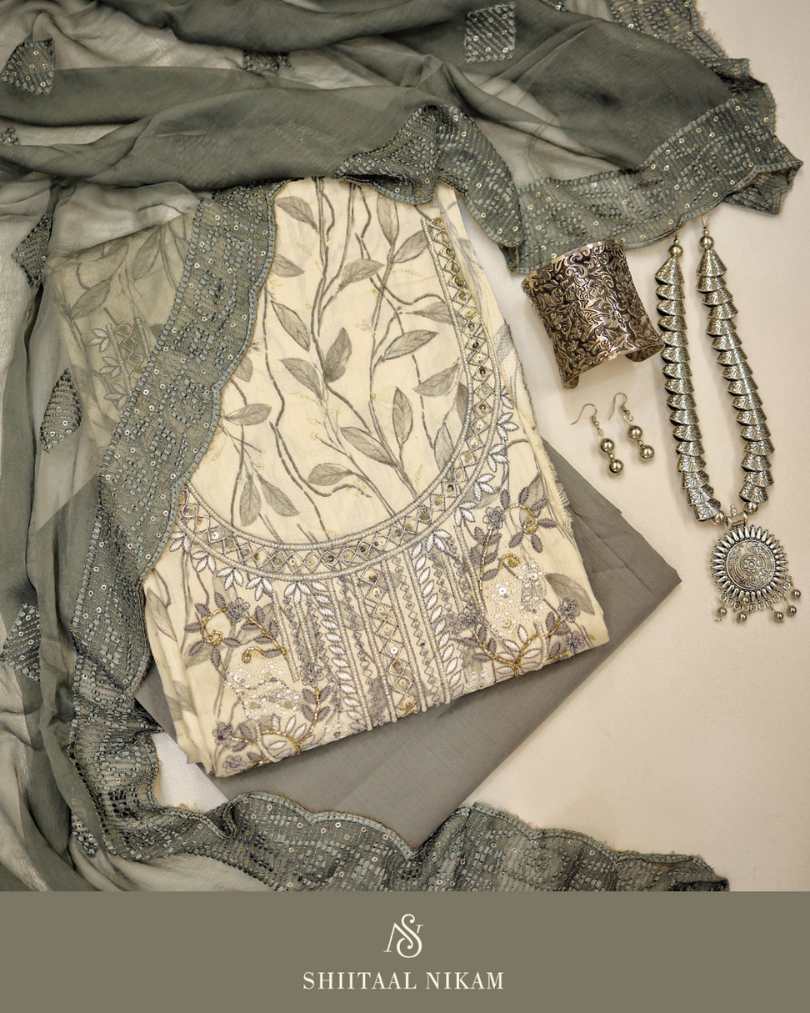 Cotton Suit Set with Hand Bead Work, Thread Embroidery & Chiffon Dupatta