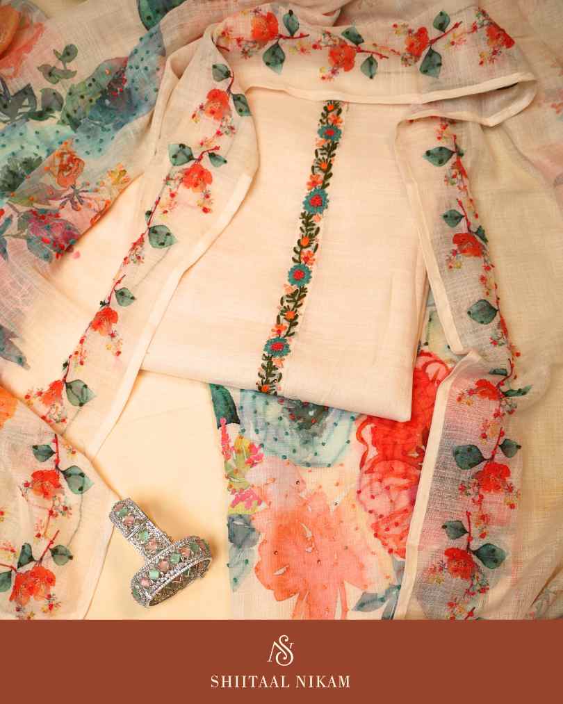 Ivory Muslin Cotton Linen Kurta Suit Set with Floral Embroidered Neckline & Printed Dupatta