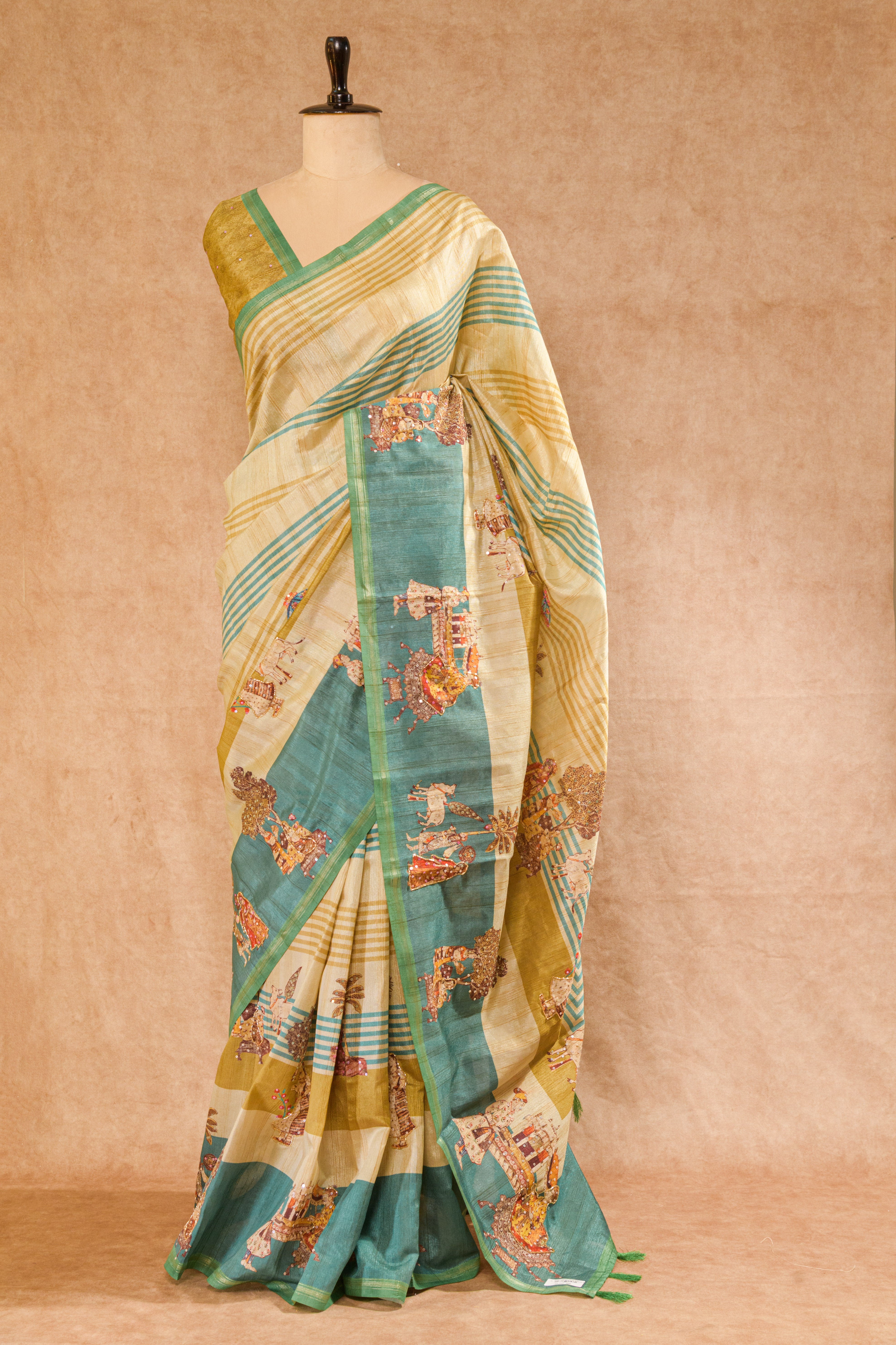 Pastel Rama Green & Cream Semi Tussar Saree with Warli Print & Cutdana Work