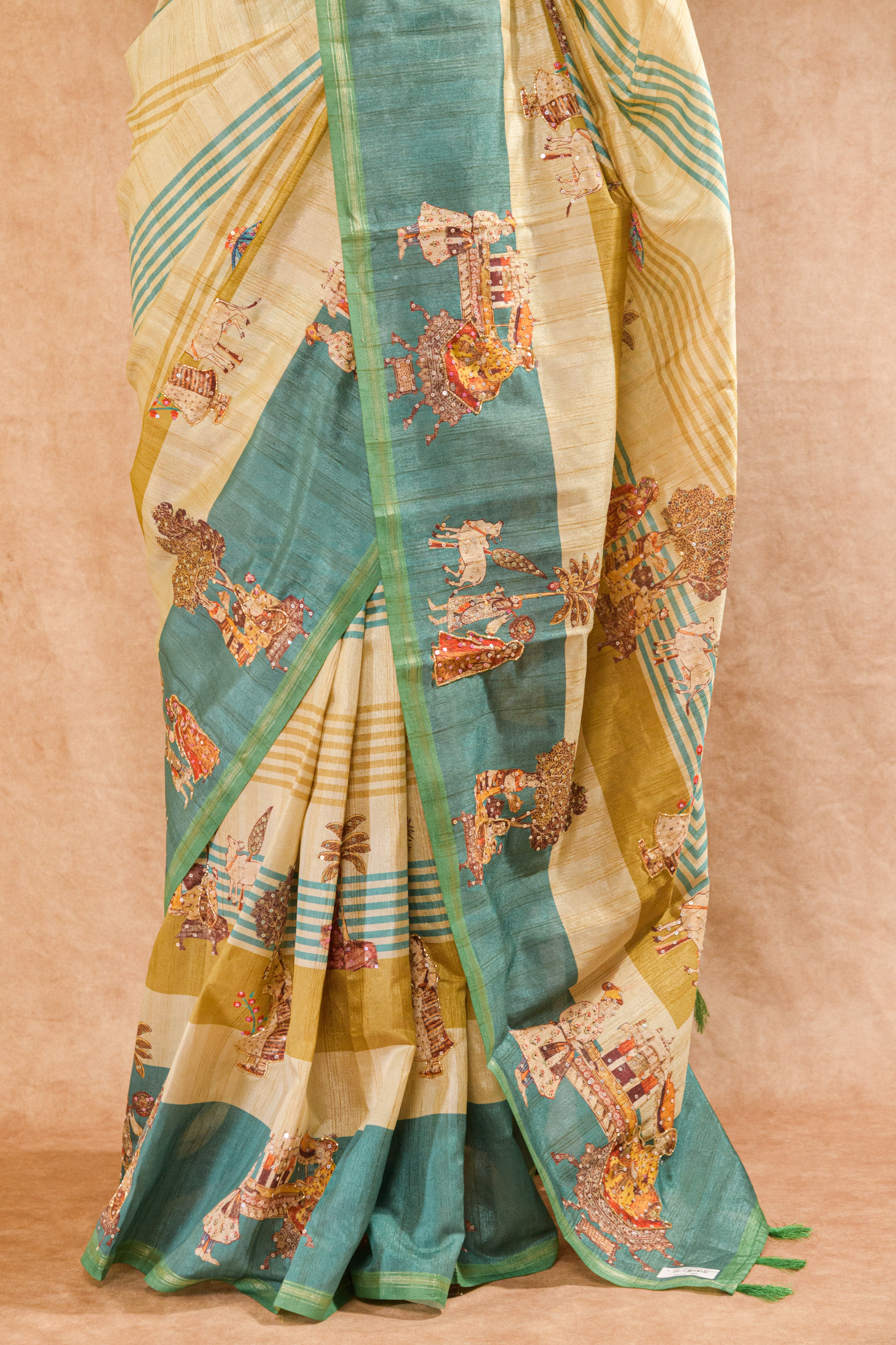 Pastel Rama Green & Cream Semi Tussar Saree with Warli Print & Cutdana Work