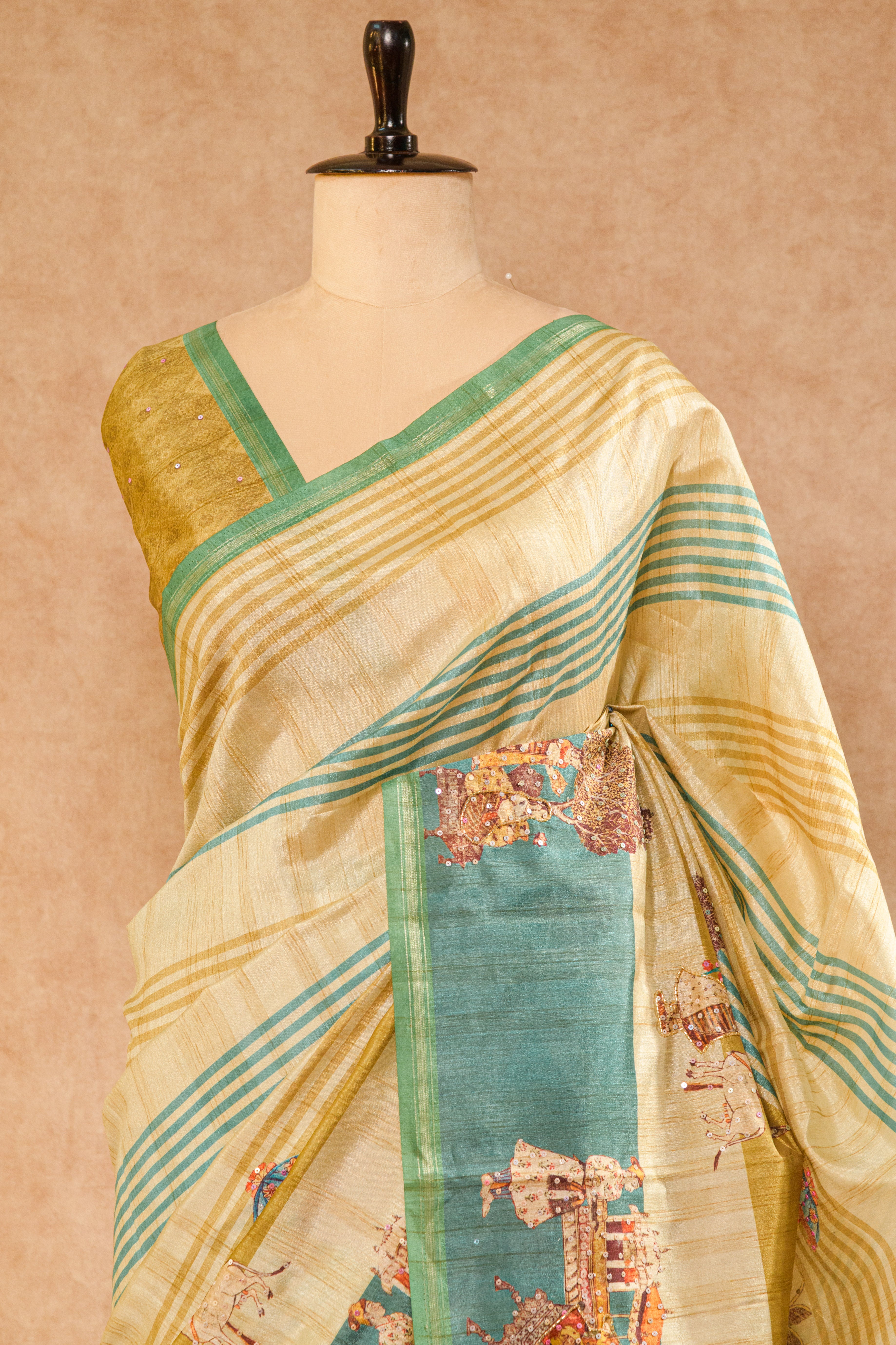 Pastel Rama Green & Cream Semi Tussar Saree with Warli Print & Cutdana Work