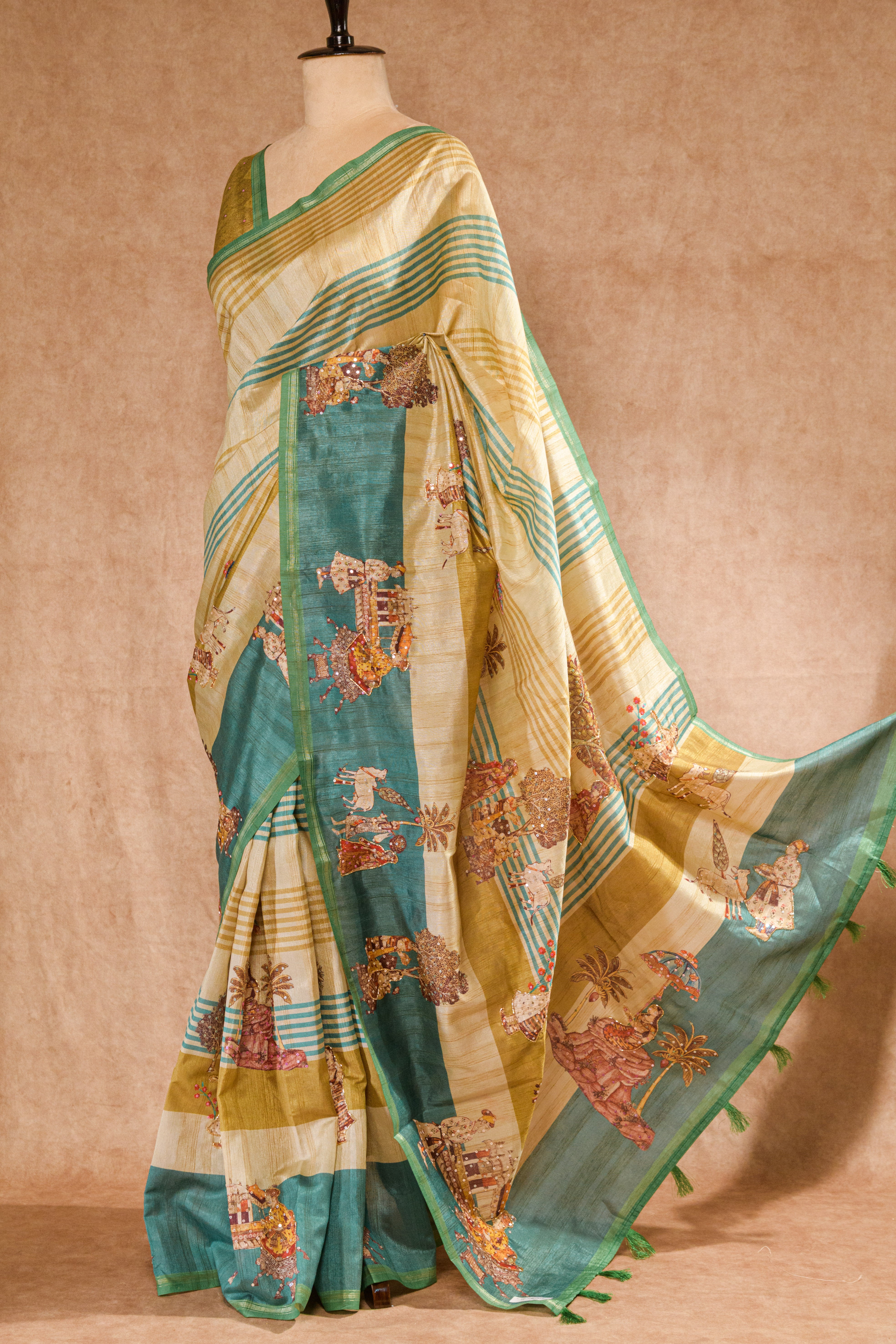 Pastel Rama Green & Cream Semi Tussar Saree with Warli Print & Cutdana Work
