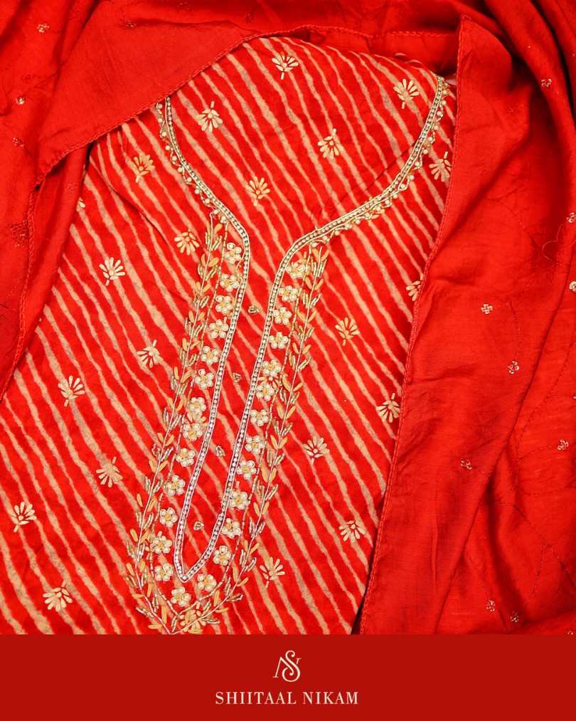 Red Muslin Cotton Lahariya Suit Set with Handwork & Thread Embroidered Dupatta