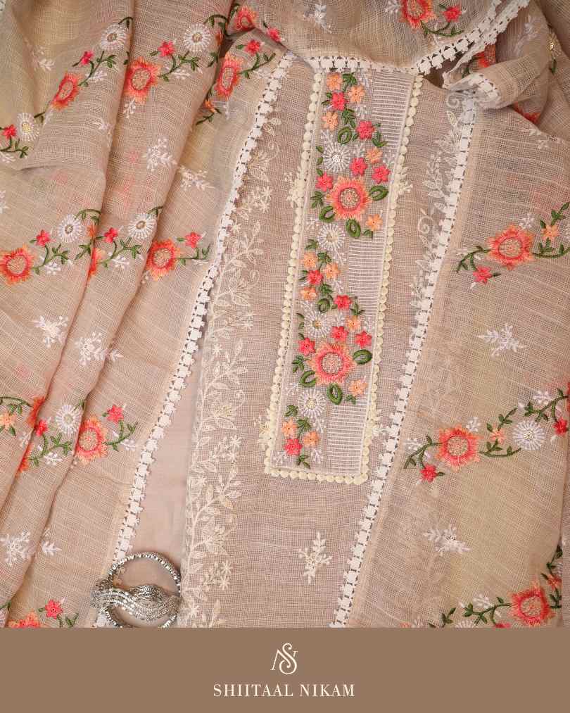 Beige Kota Doria Kurta Suit Set with Floral Embroidery & Lace Dupatta