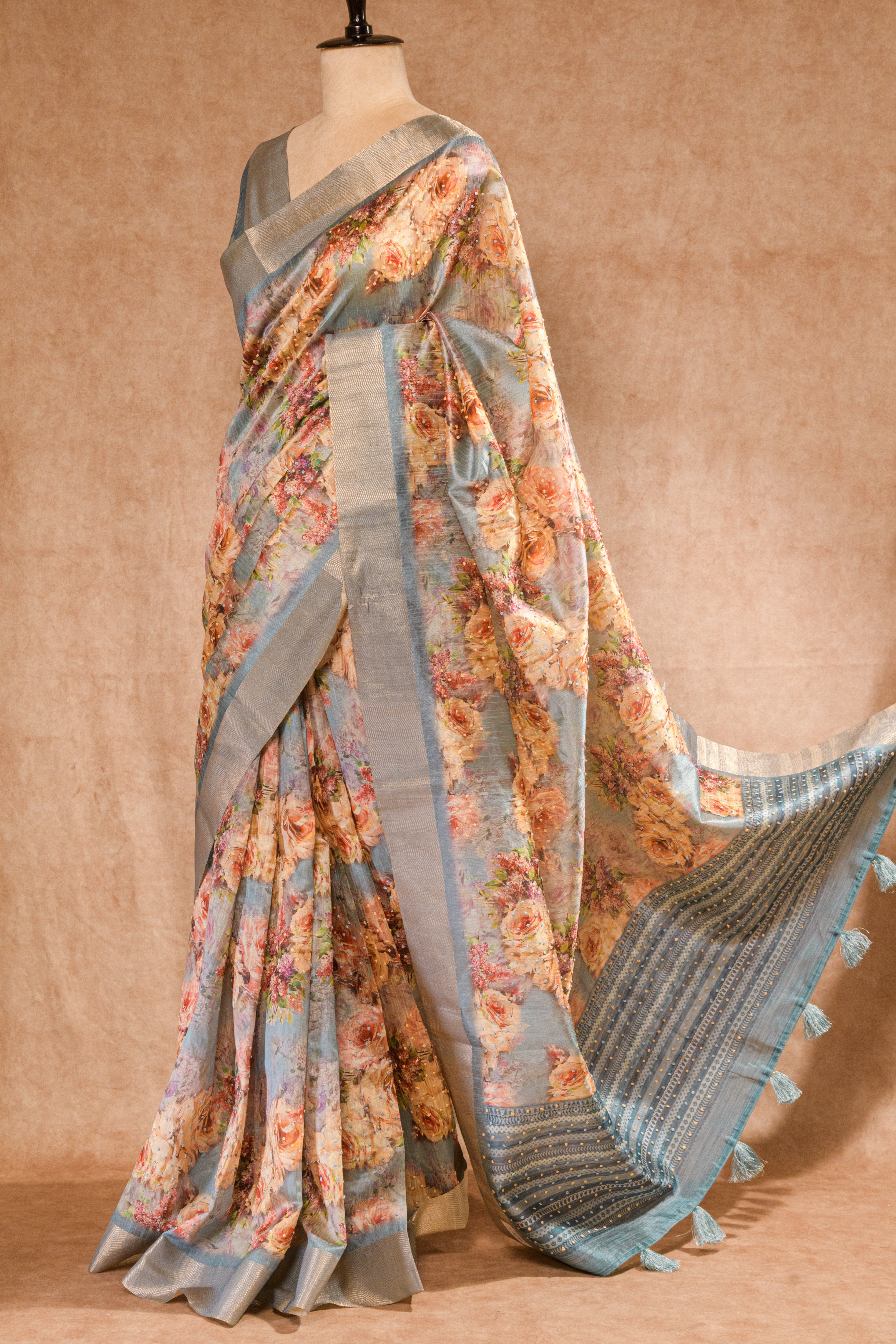 Grey Semi Tussar Silk Saree with Digital Print & Knot Work