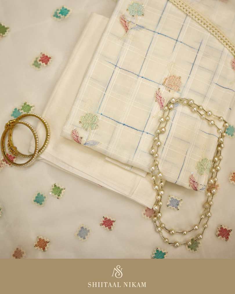 White Cotton Suit Set with Checked Embroidery &amp; Organza Thread Work Dupatta