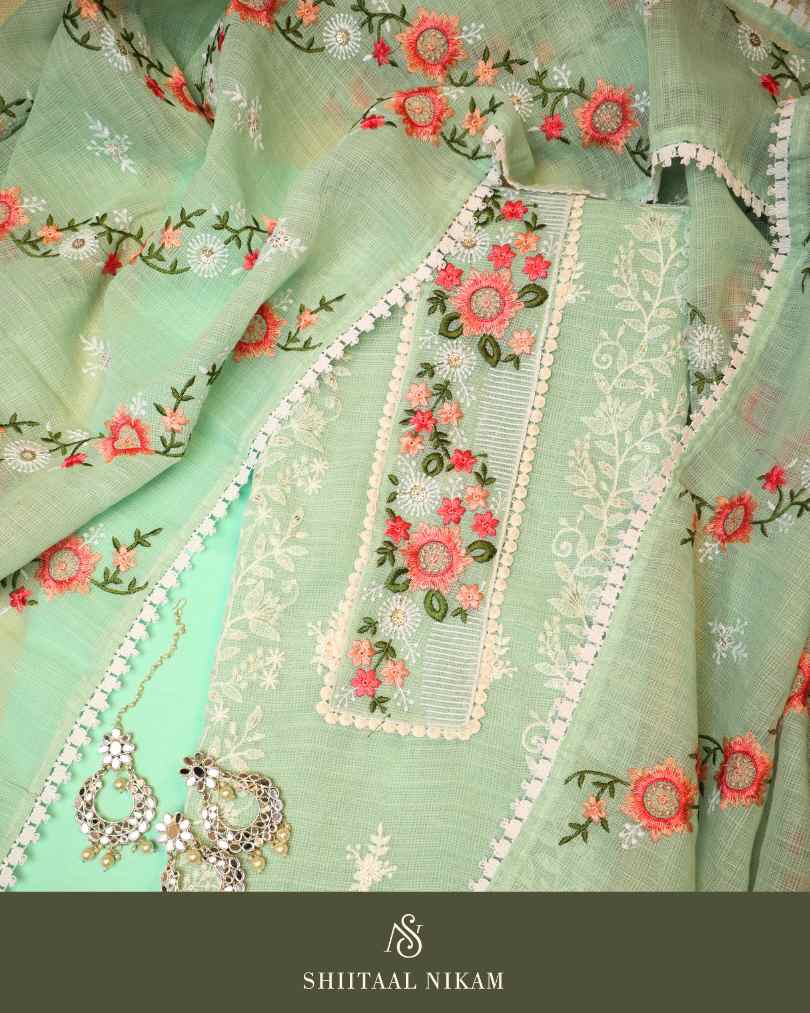 Mint Green Kota Doria Kurta Suit Set with Floral Embroidery & Lace-Edged Dupatta