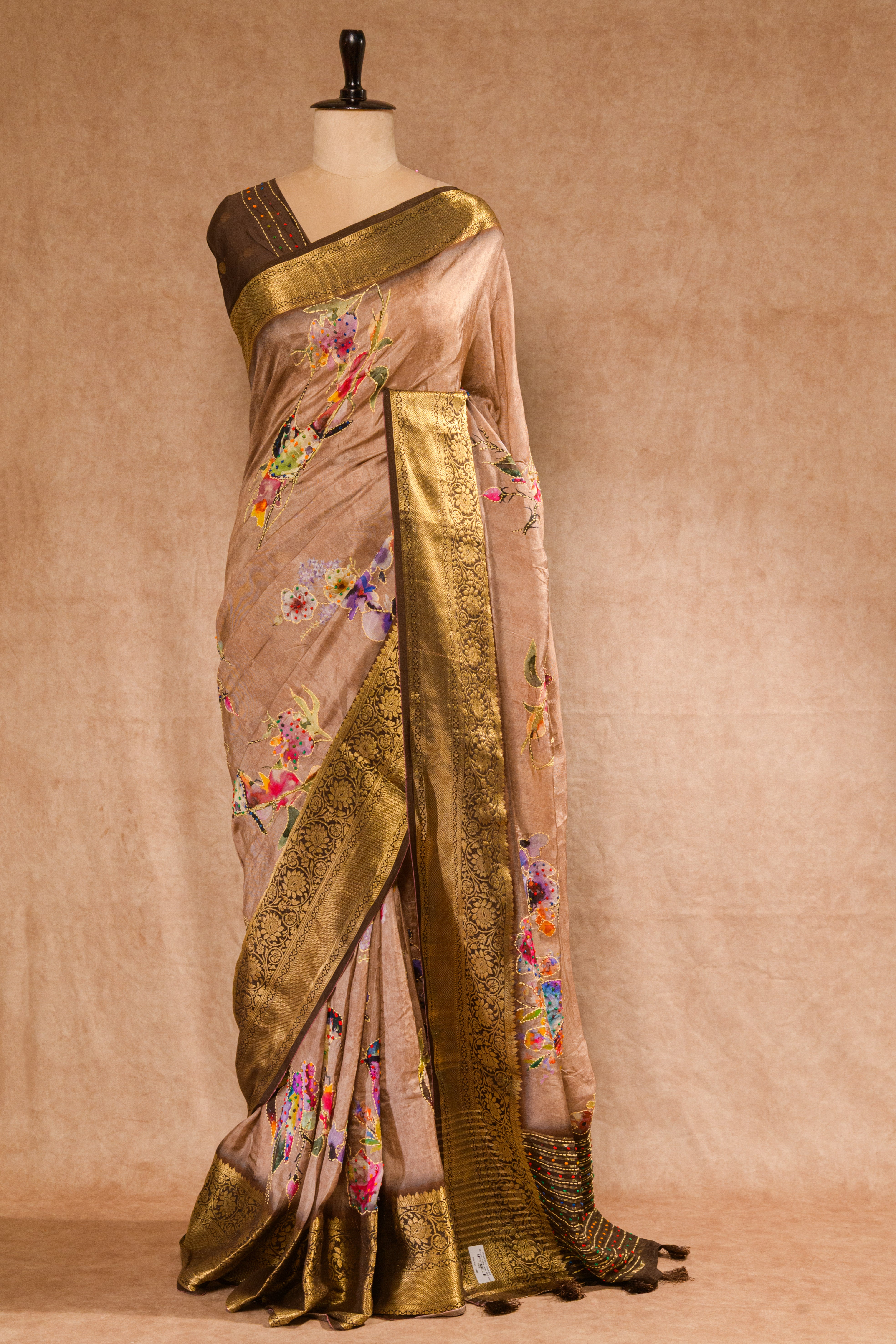 Pastel Mauve & Café Noir Pure Dolla Silk Saree with Katha & Knot Work