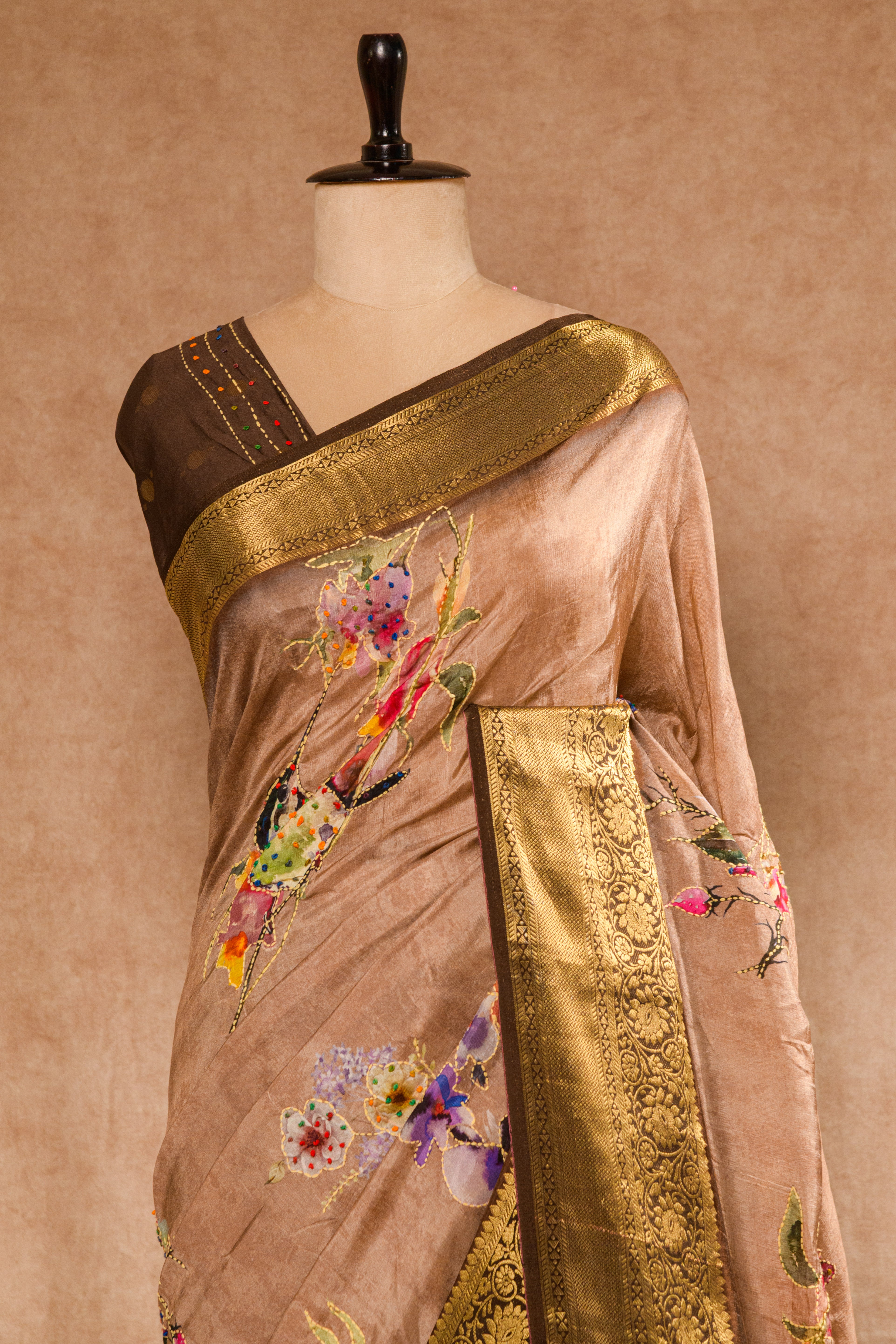Pastel Mauve & Café Noir Pure Dolla Silk Saree with Katha & Knot Work