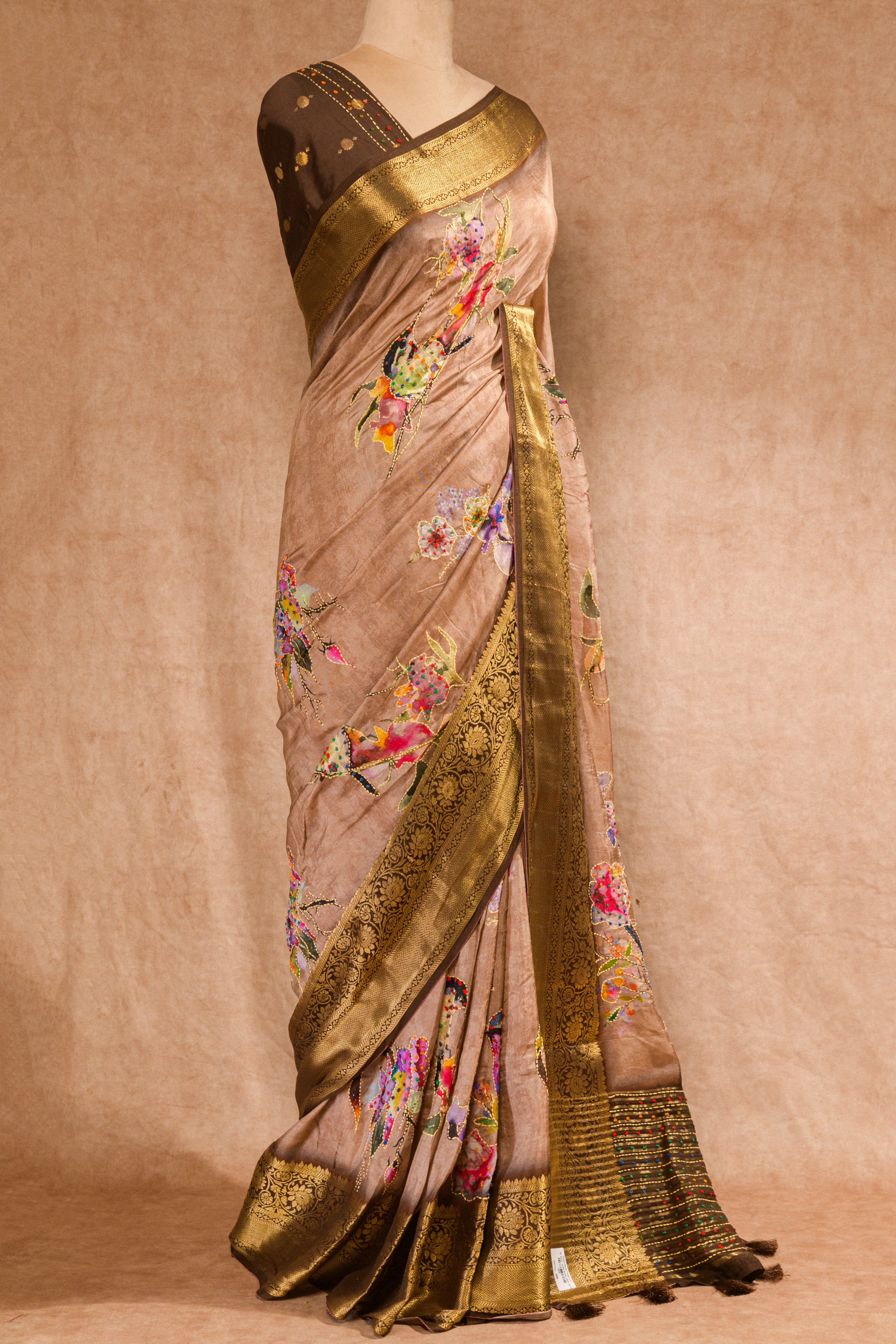 Pastel Mauve & Café Noir Pure Dolla Silk Saree with Katha & Knot Work