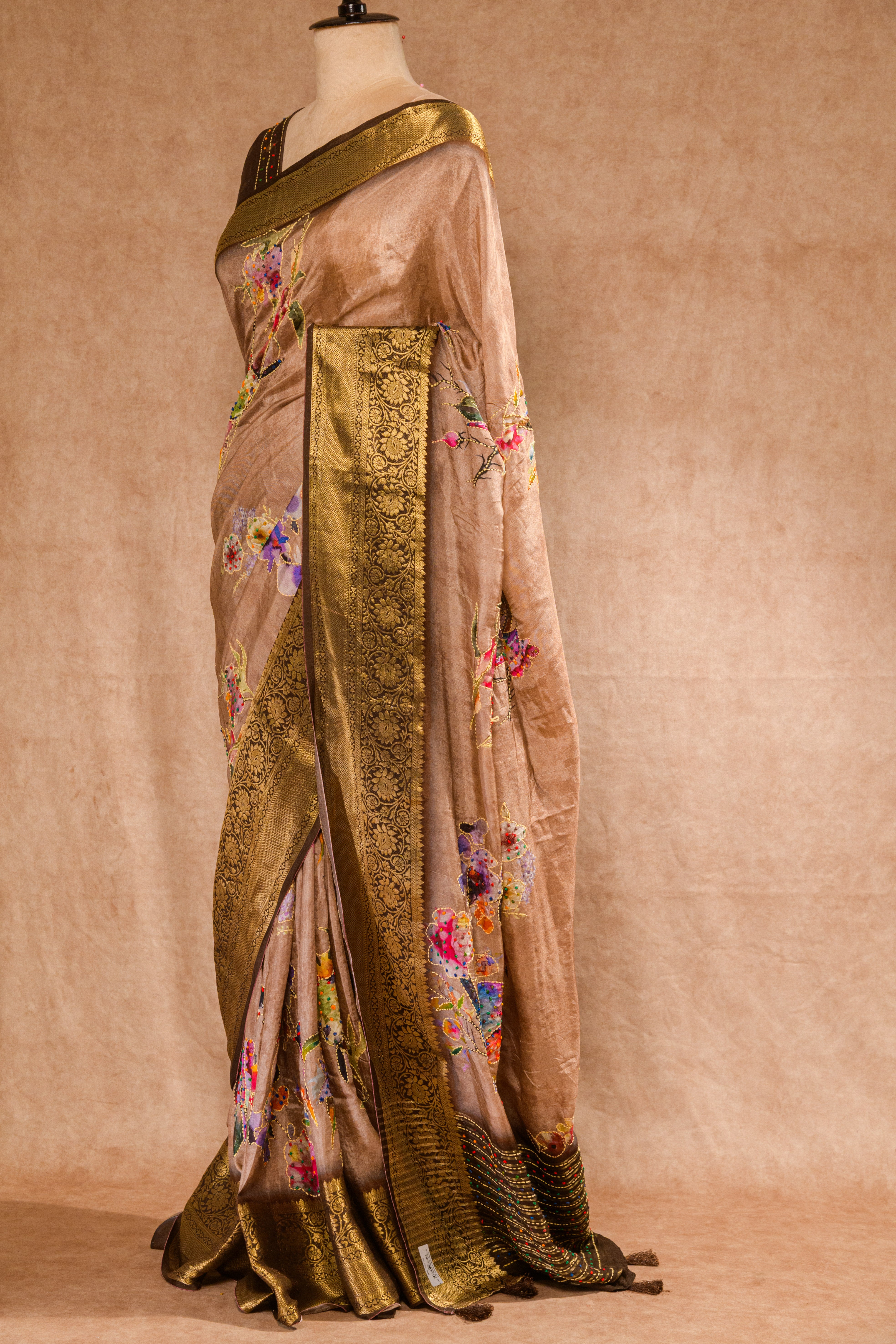 Pastel Mauve & Café Noir Pure Dolla Silk Saree with Katha & Knot Work