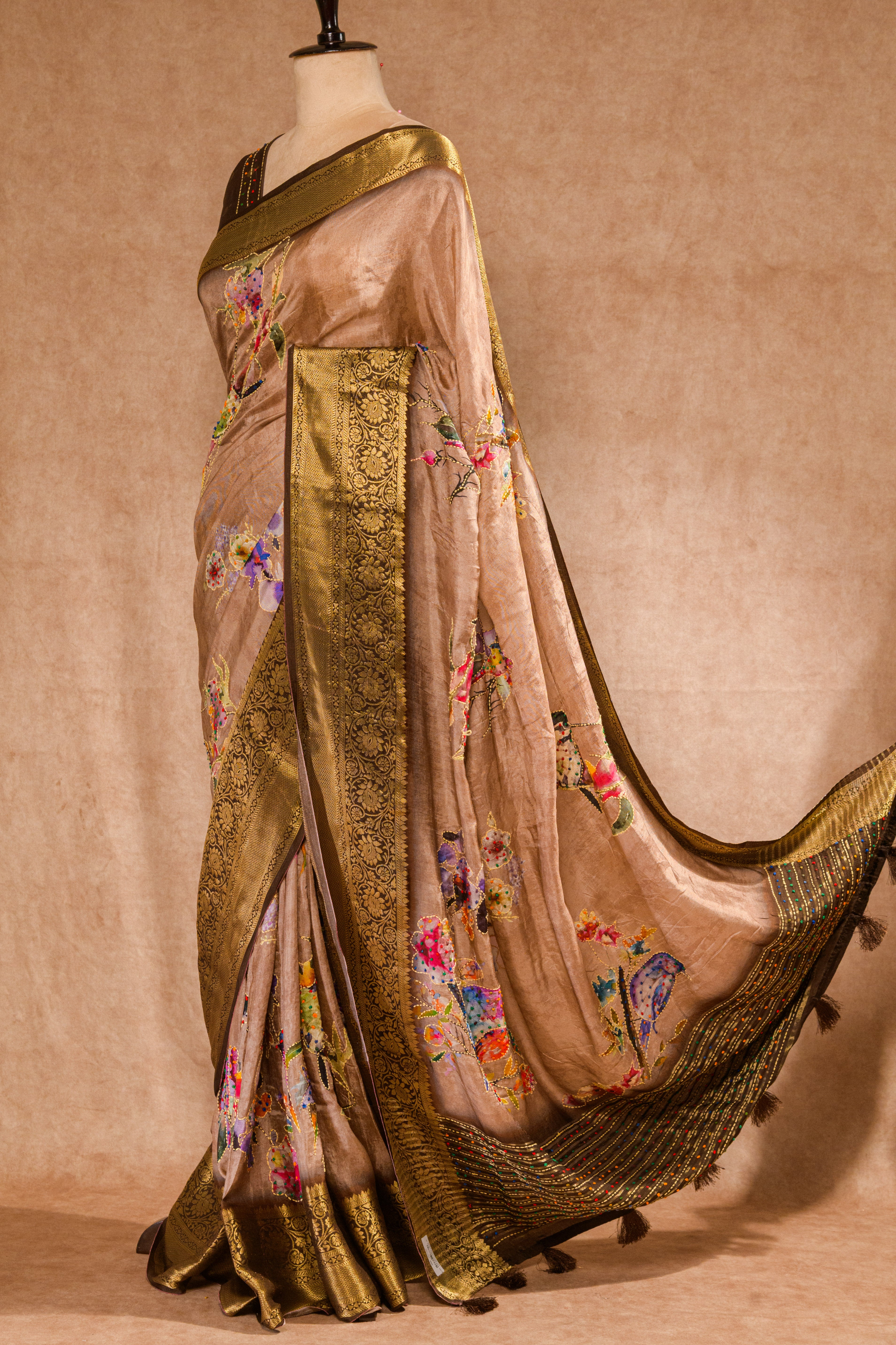 Pastel Mauve & Café Noir Pure Dolla Silk Saree with Katha & Knot Work