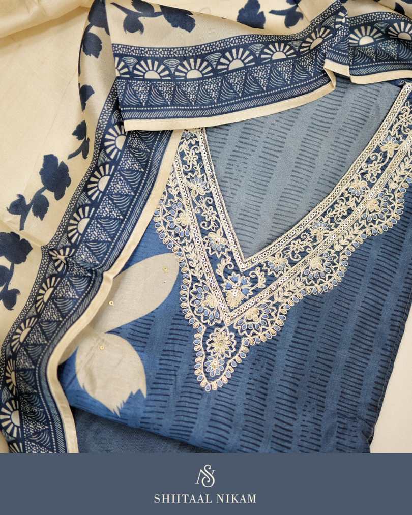 Blue Embroidered Suit Set with Cream Printed Dupatta