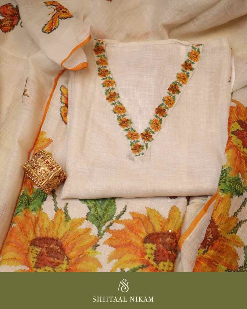 Ivory Sunflower Muslin Cotton Linen Kurta Suit Set with Embroidered Dupatta