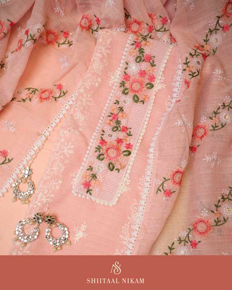 Blush Pink Kota Doria Kurta Suit Set with Floral Embroidery & Lace Detail
