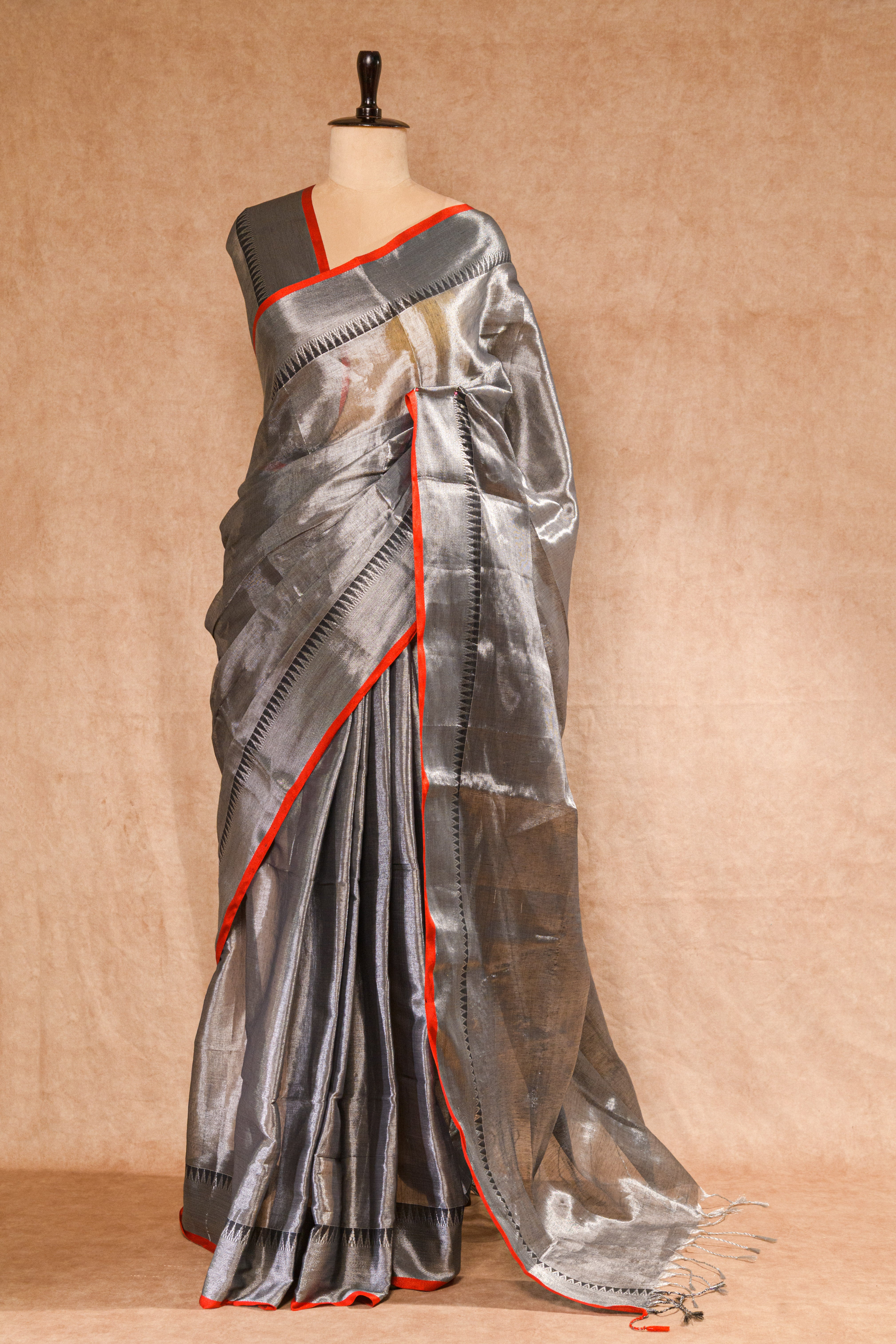 Silver Shiny Grey Tussar Saree with Running Blouse