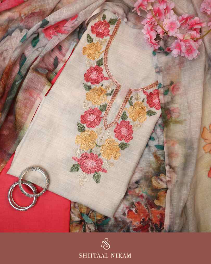 Ivory Linen Kurta Suit Set with Floral Embroidery & Printed Dupatta