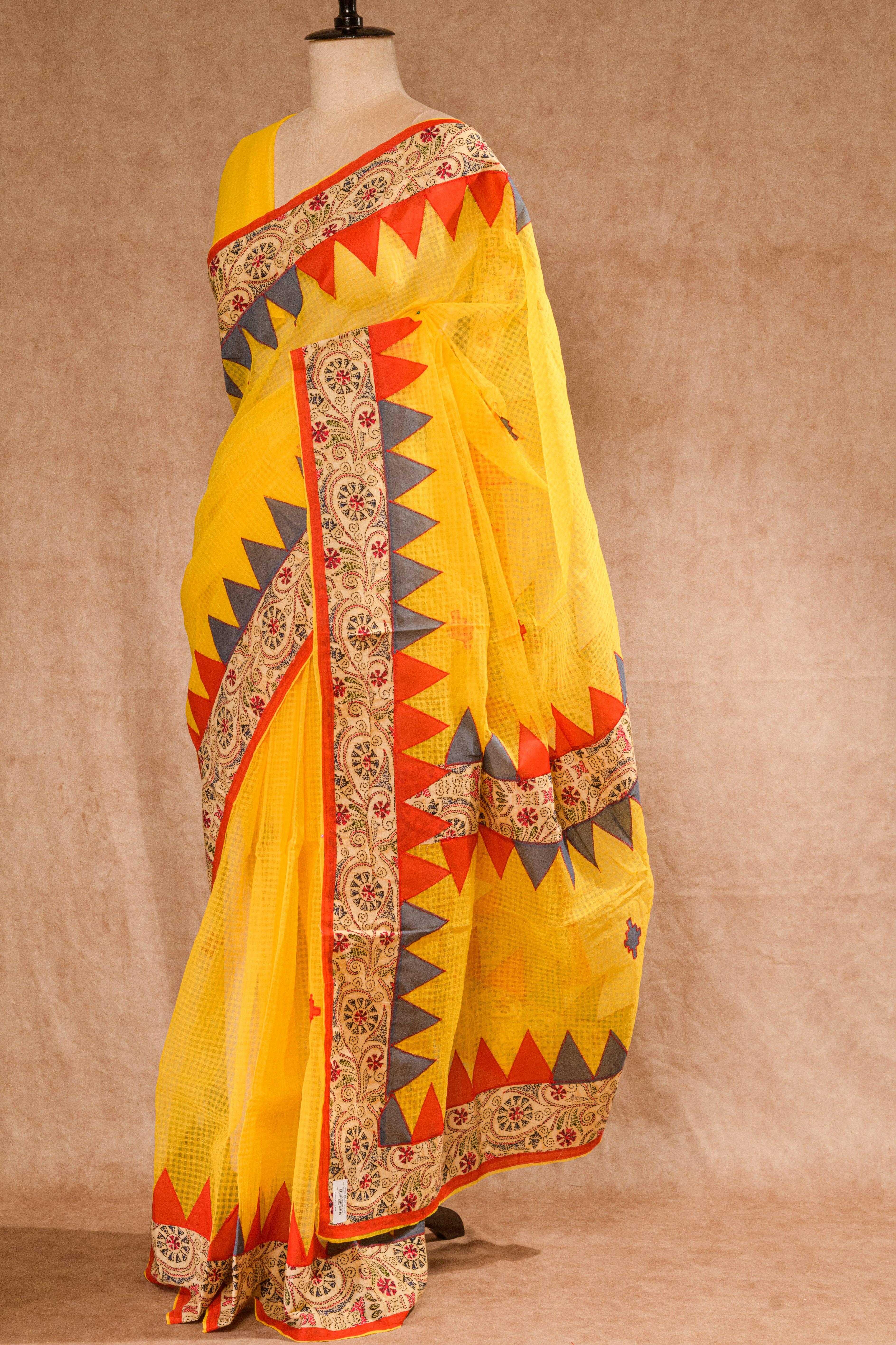 Yellow Handloom Saree with Multicolor Patch Work