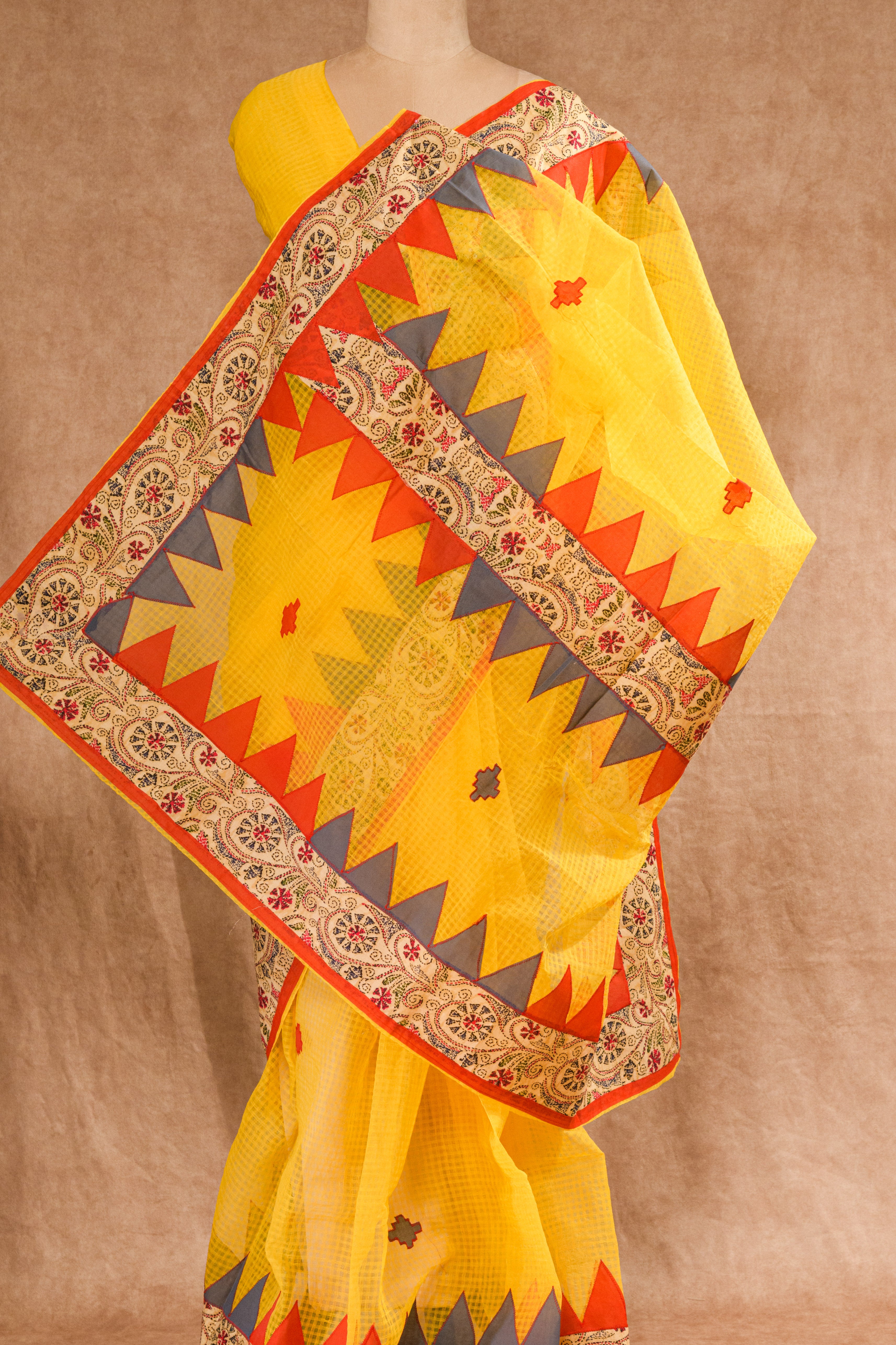Yellow Handloom Saree with Multicolor Patch Work
