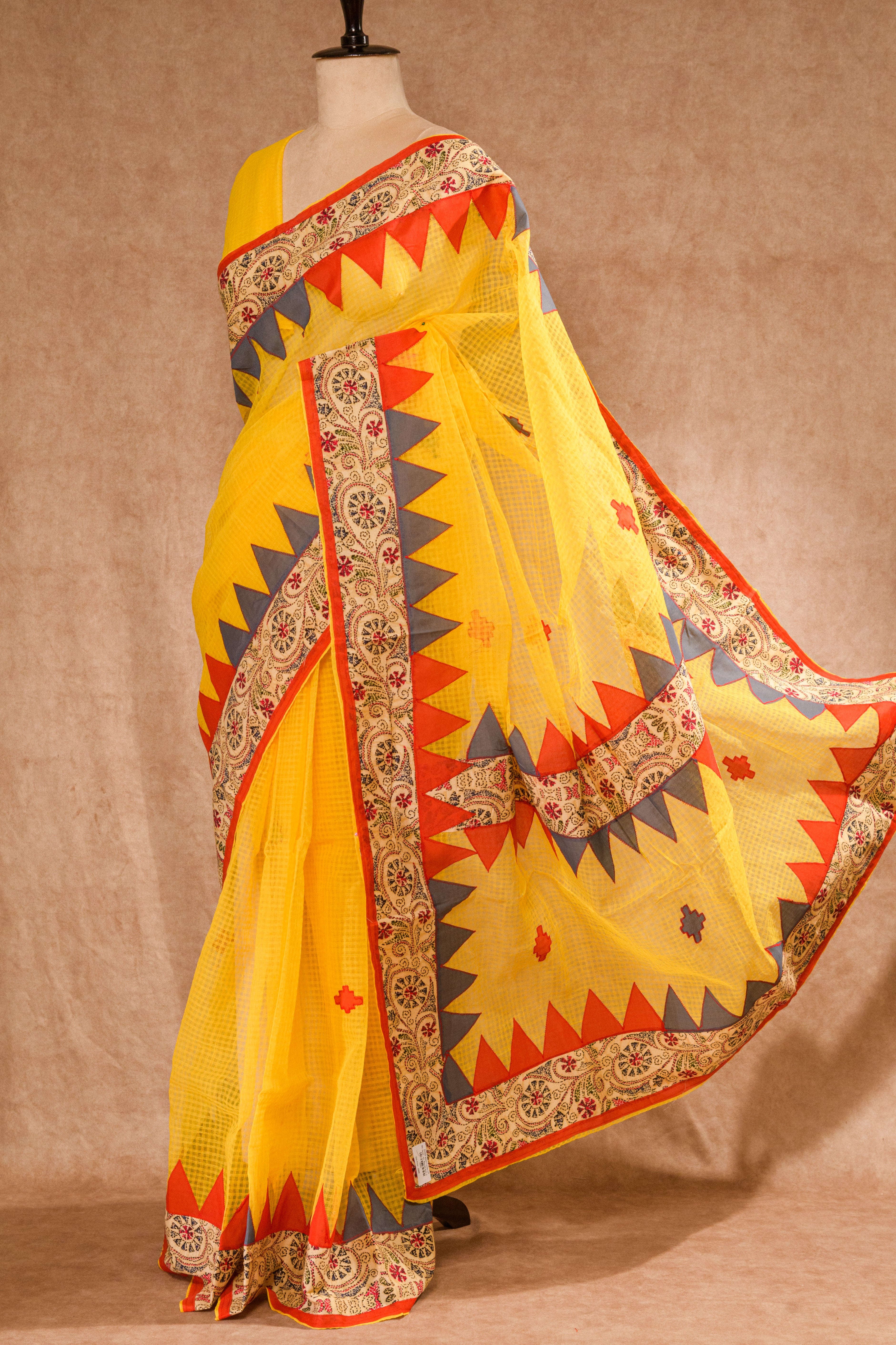 Yellow Handloom Saree with Multicolor Patch Work