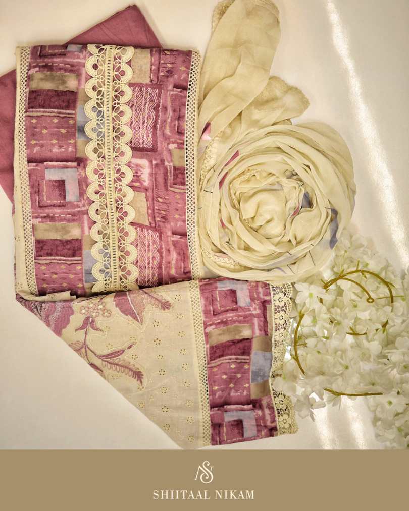 Cotton Suit Set with Chikankari Patchwork & Printed Chiffon Dupatta