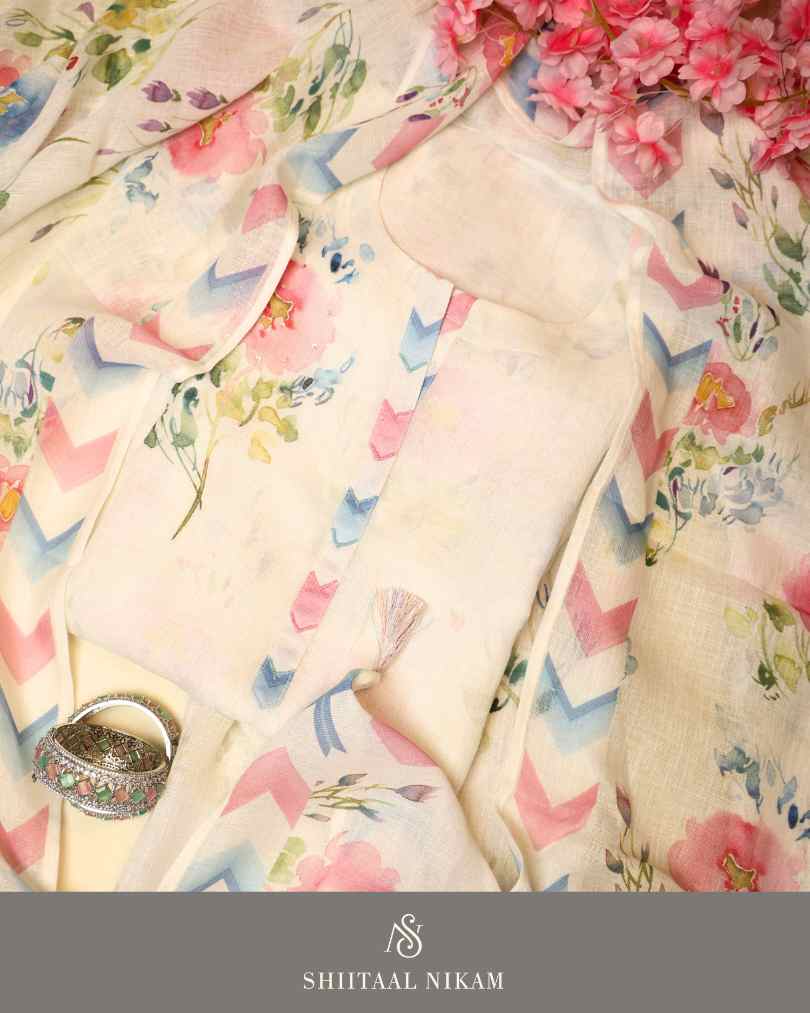 Ivory Linen Kurta Suit Set with Pastel Floral Print & Printed Dupatta