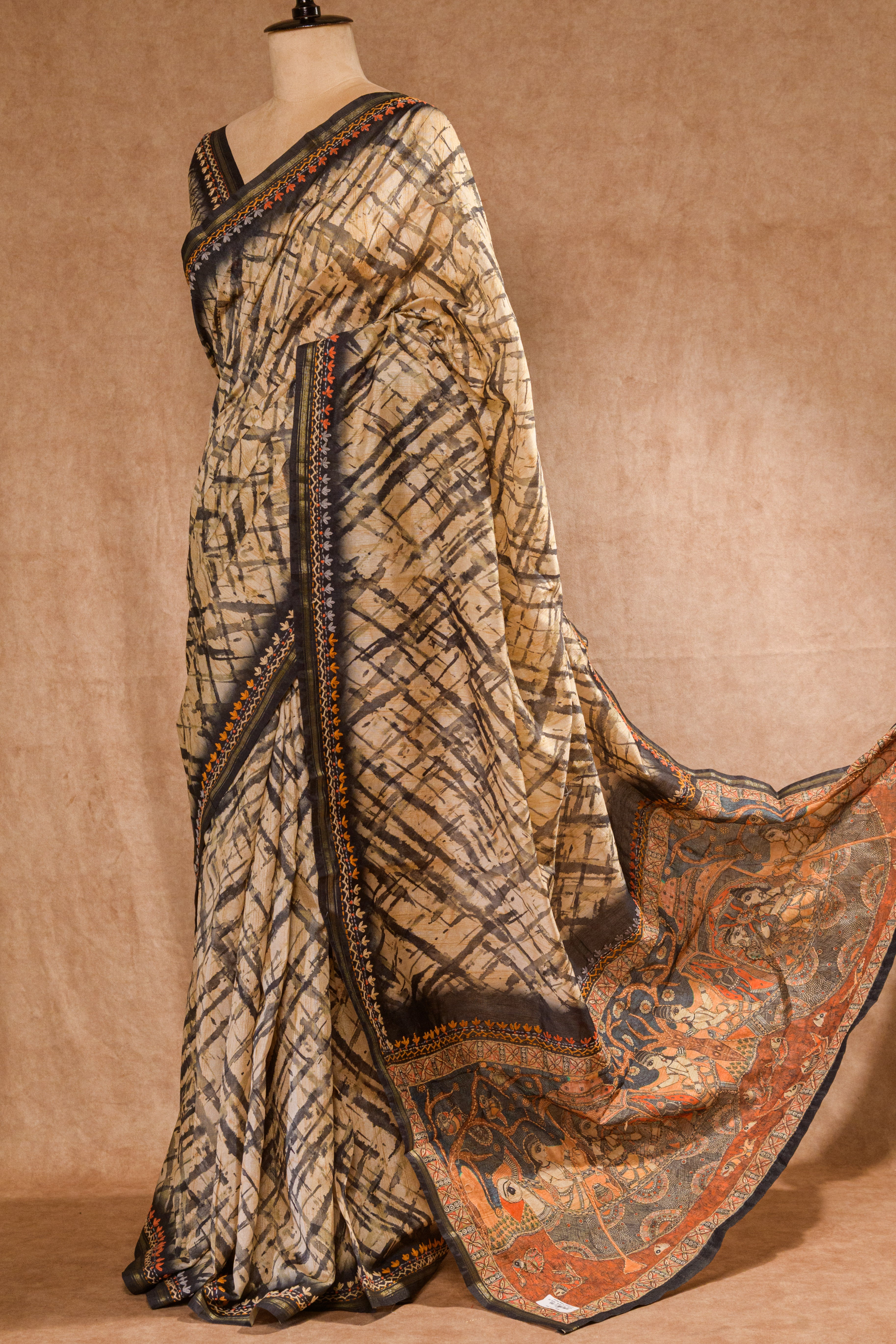 Grey & Cream Chanderi Saree with Kantha & Thread Border Work