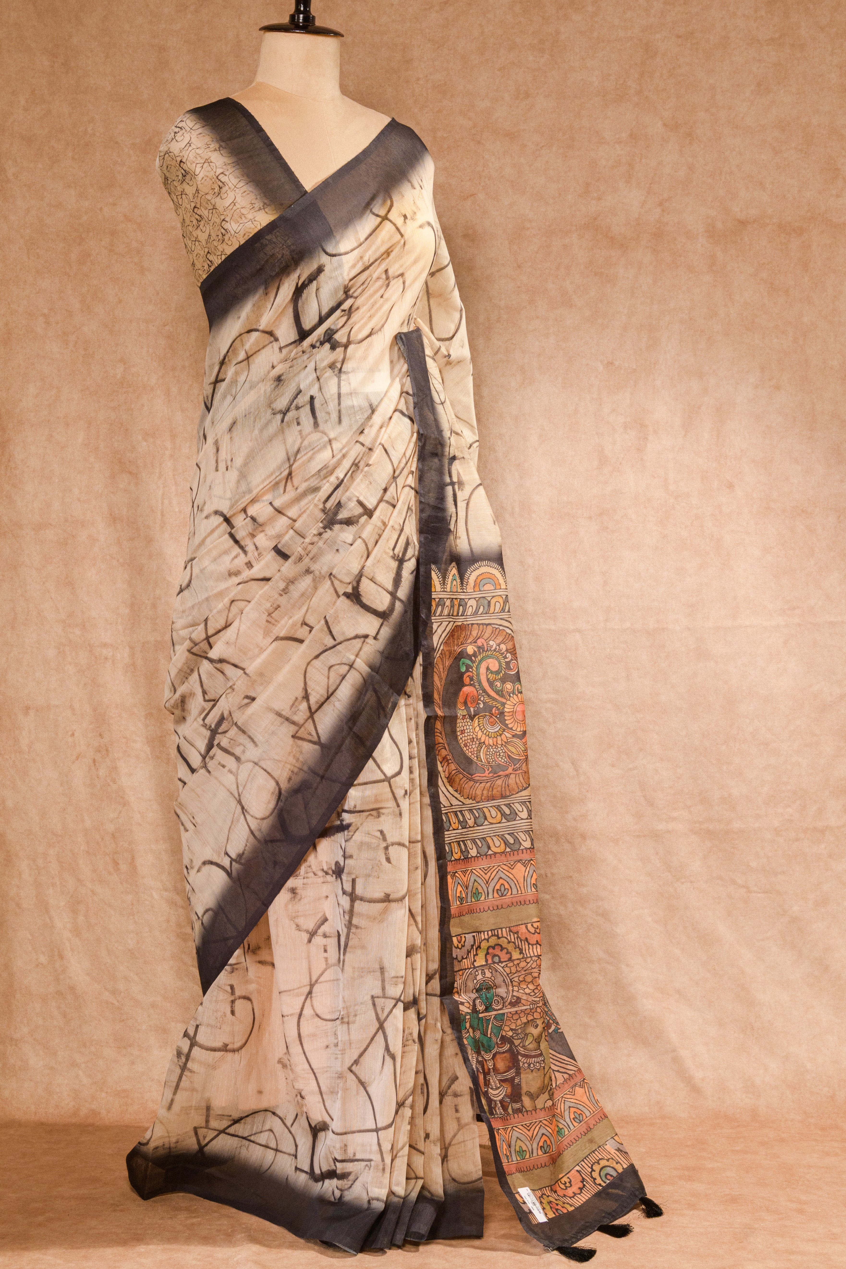 Cream & Brown Chanderi Saree with Digital Print