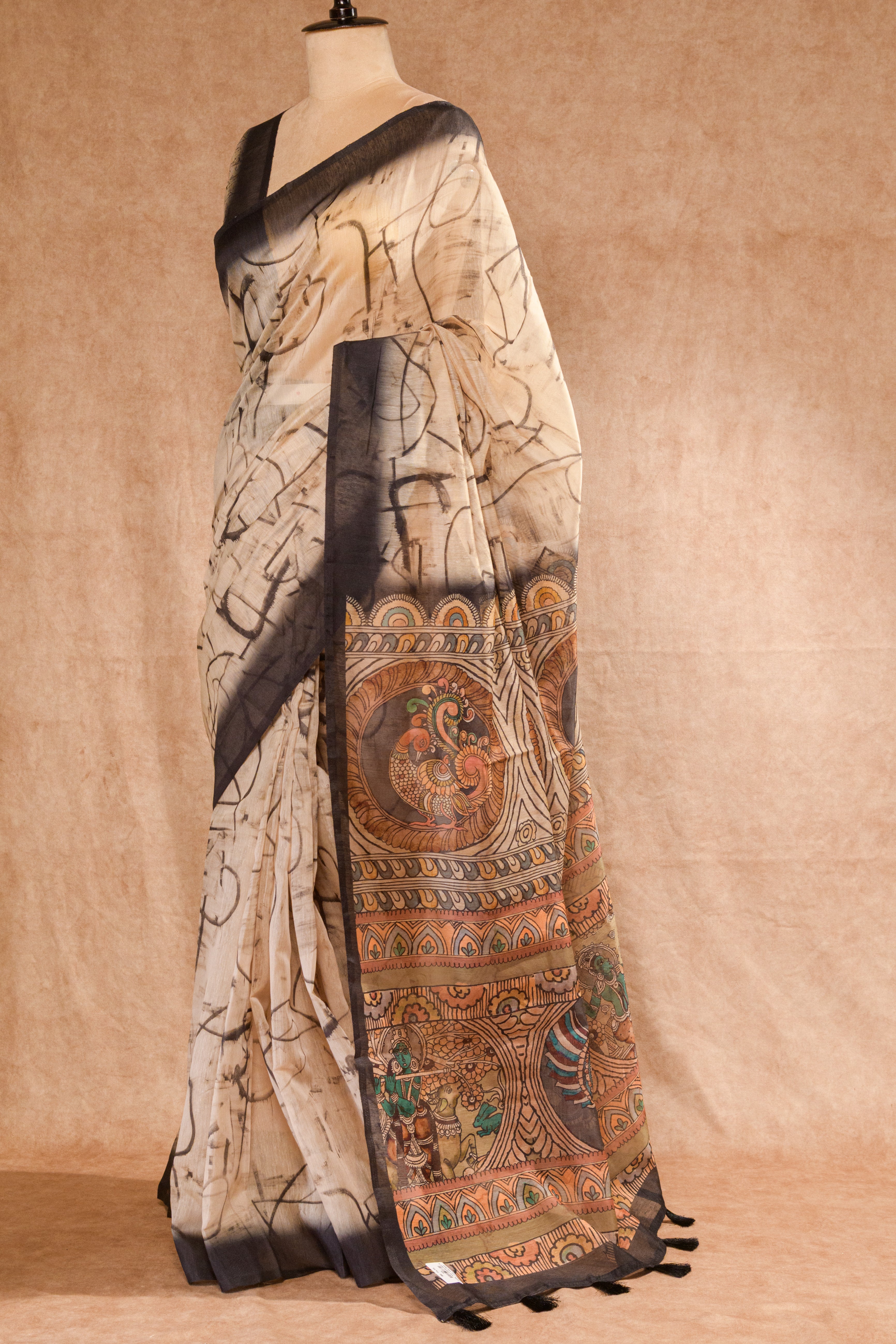 Cream & Brown Chanderi Saree with Digital Print