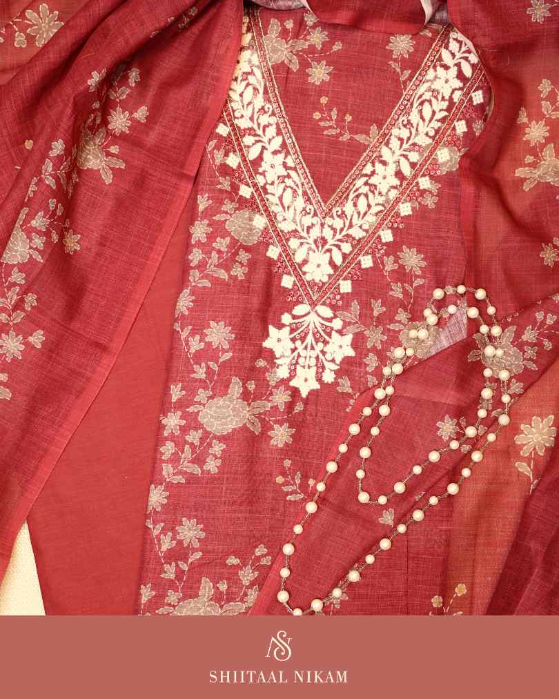 Maroon Muslin Chanderi Kurta Suit Set with Floral Embroidery & Printed Dupatta
