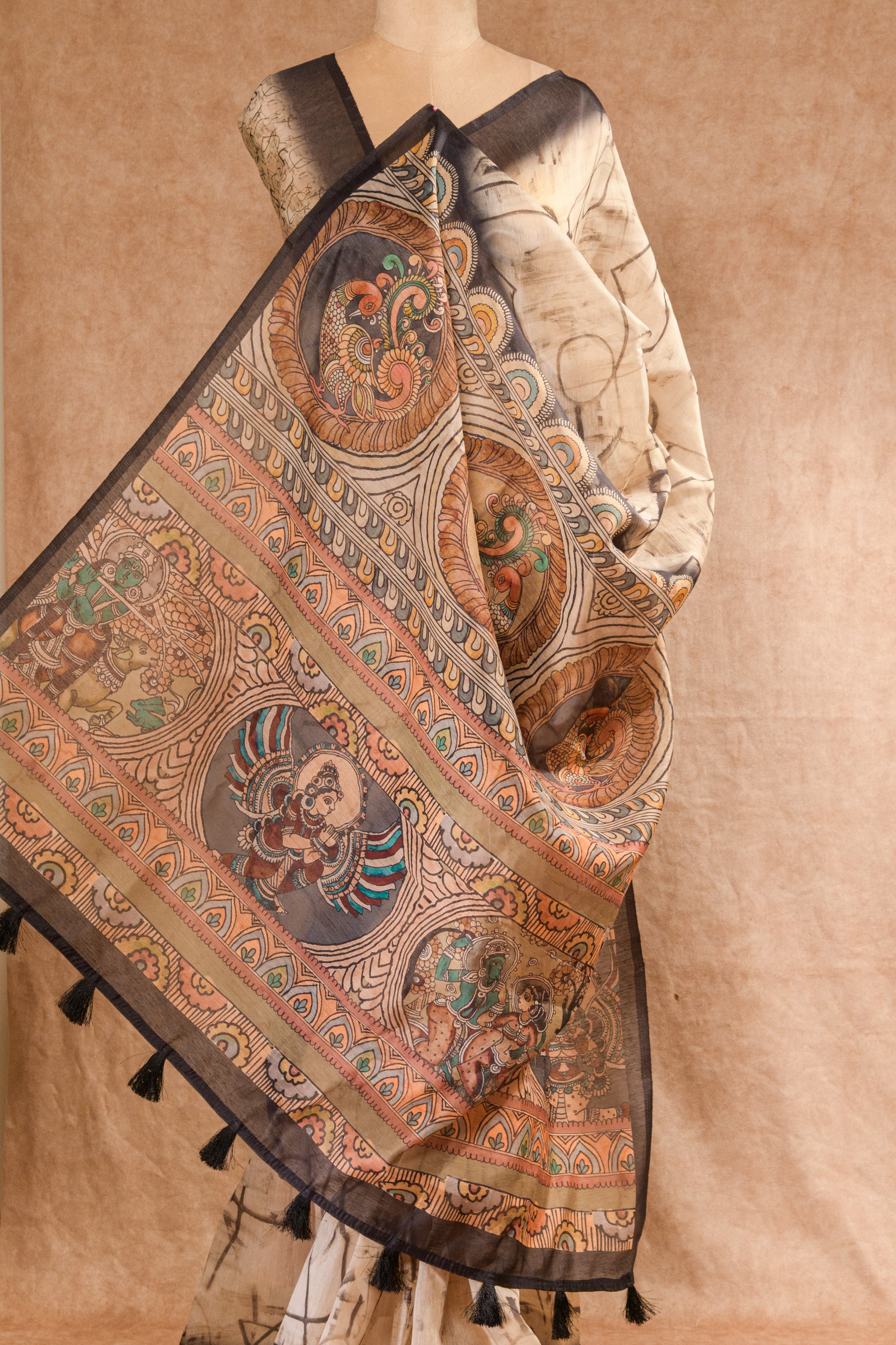 Cream & Brown Chanderi Saree with Digital Print