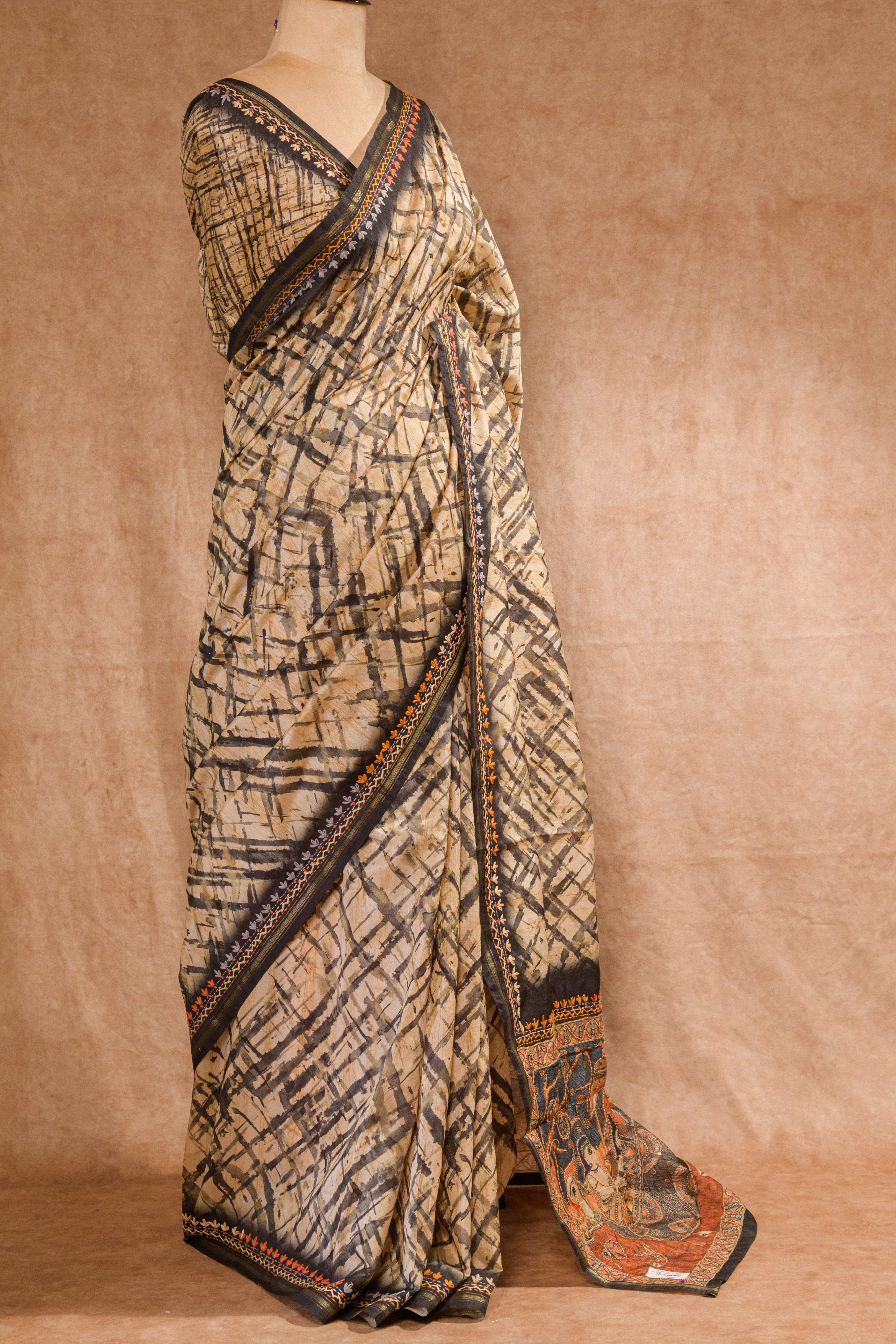 Grey & Cream Chanderi Saree with Kantha & Thread Border Work