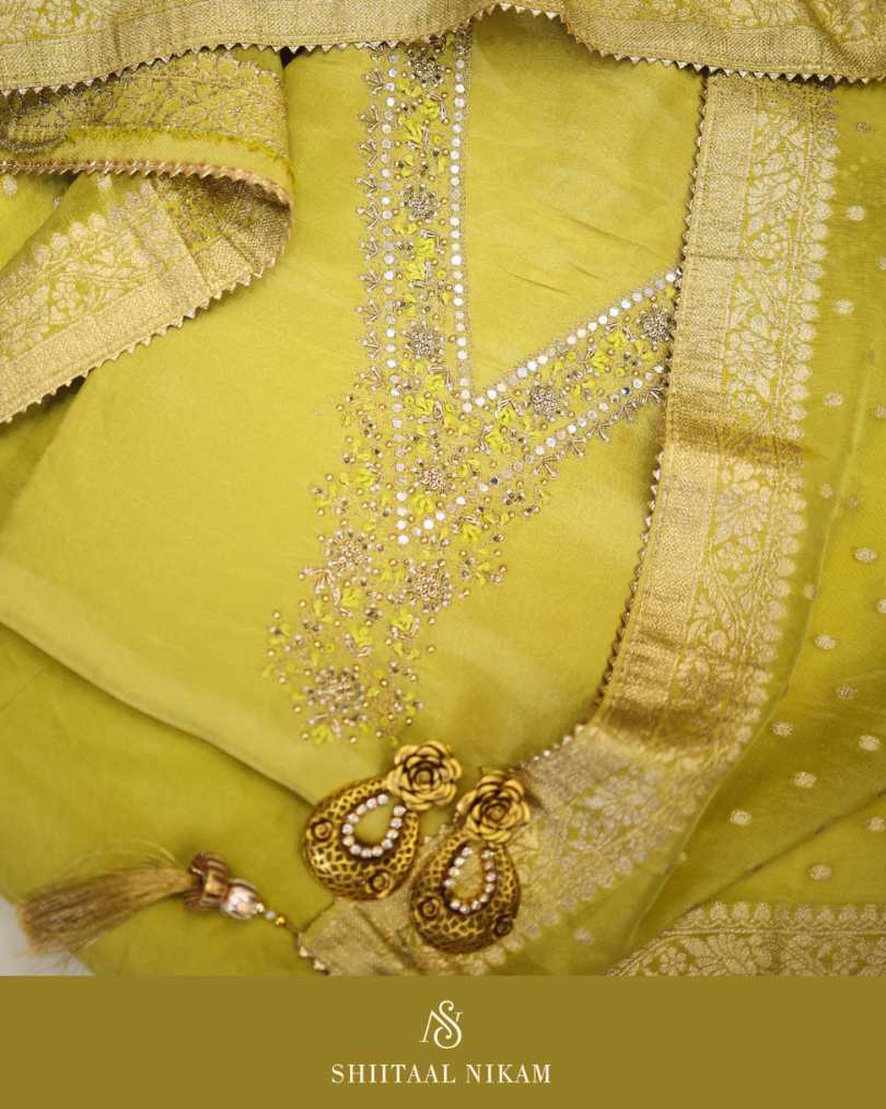 Chanderi Silk Suit Set with Handwork & Zari Dupatta