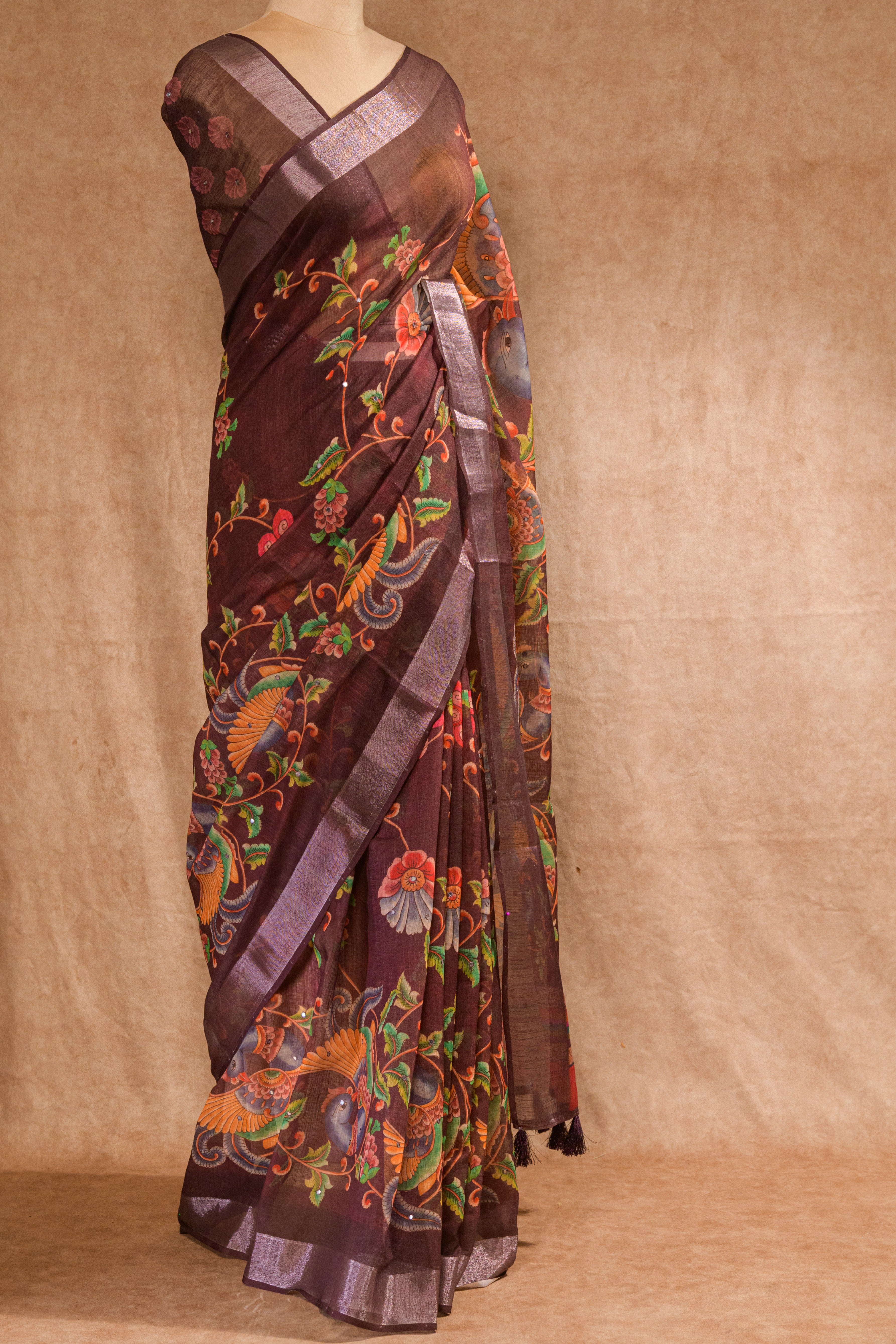 Coffee Brown Semi Linen Saree with Self-Print Blouse Piece